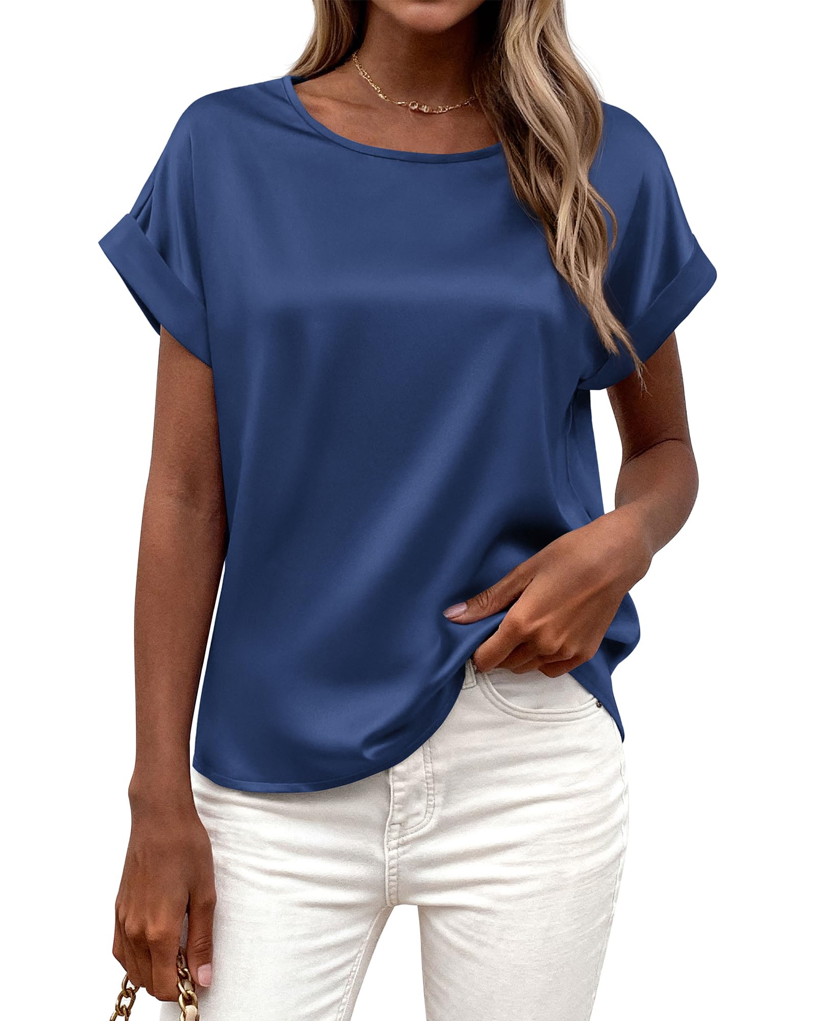 FreshPretty Womens Summer Tops Satin Silk Crewneck Short Sleeve Shirts Work Business Outfits Spring Blouses Dressy Casual