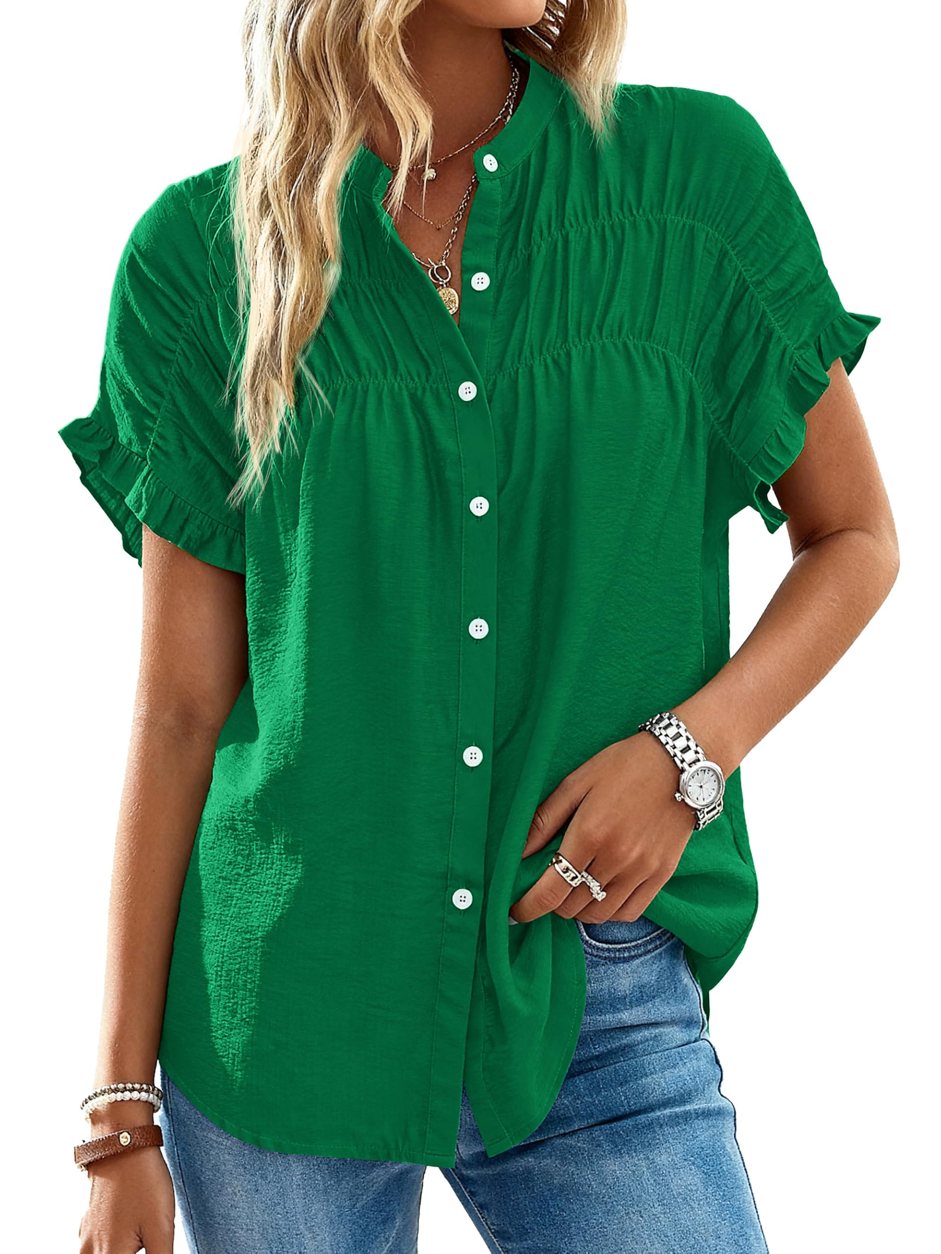 FreshPretty Womens Button Down Shirts Ruffle Short Sleeve Loose Summer Tops Dressy Casual V Neck Business Work Blouses