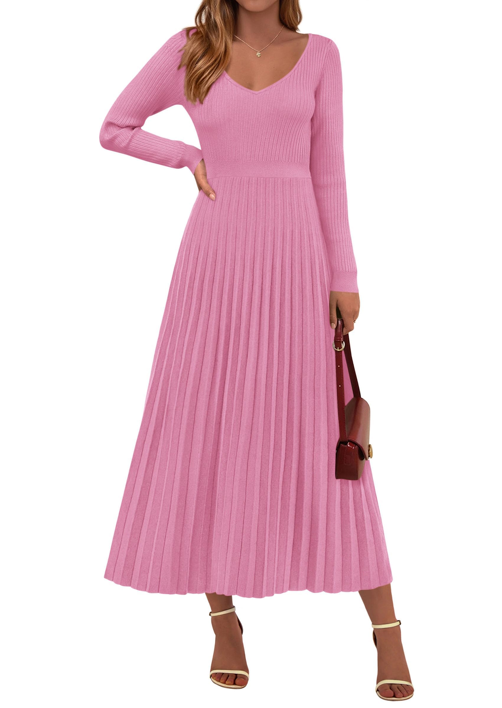 PRETTYGARDEN Women Sweater Dress Fall Fashion Long Sleeve V Neck Ribbed Knit Pleated A Line Elegant Maxi Winter Dresses