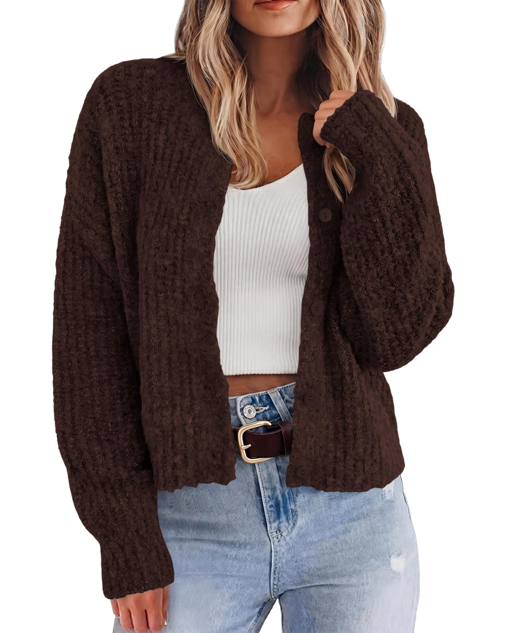 BTFBM Cardigan Sweaters for Women Fall Long Sleeve Button Down Soft Loose Chunky Knit Outwear Cropped Winter Coats