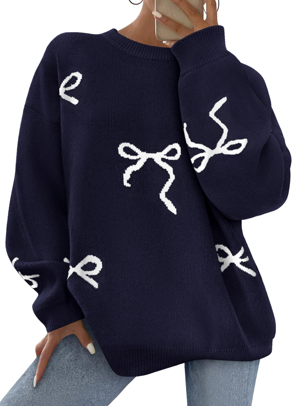 PRETTYGARDEN Fall Long Sleeve Pullover Sweaters for Women Trendy Crewneck Casual Cute Bow Chunky Knit Oversized Sweater