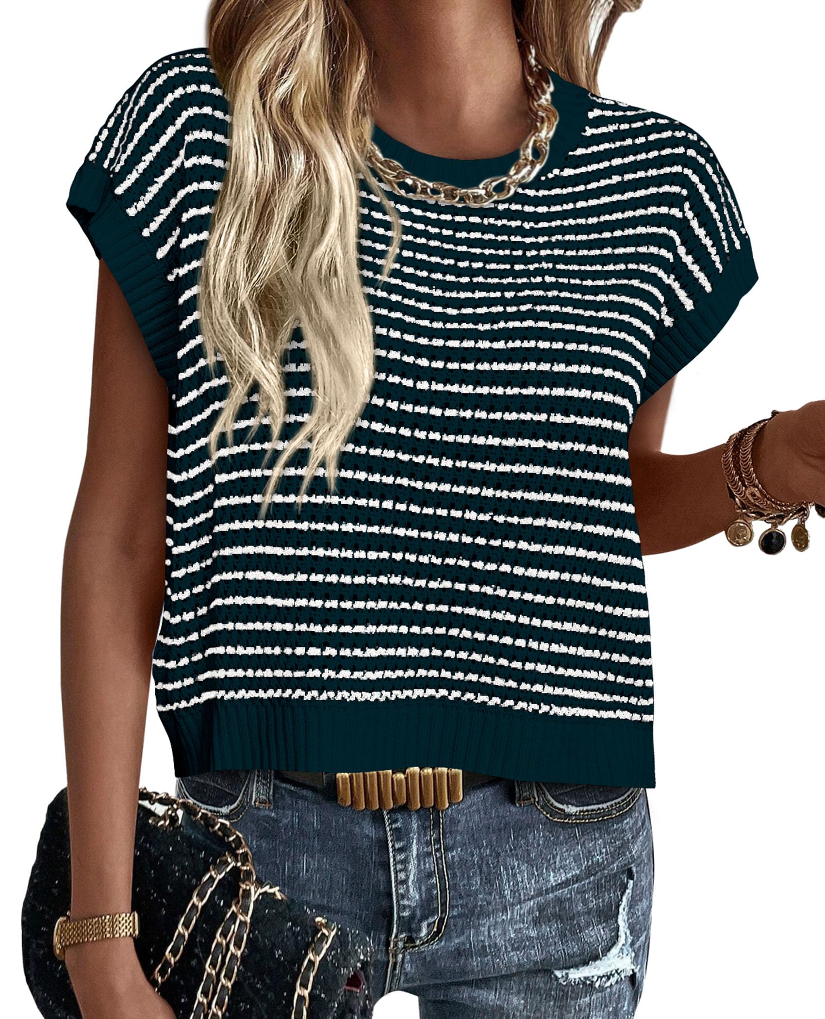 PRETTYGARDEN Womens Short Sleeve Sweater Spring Summer Round Neck Striped Pullover Cap Sleeve Knit Sweater Vest Tops