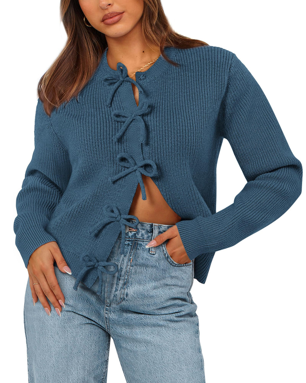 BTFBM Bow Cropped Cardigan Sweaters for Women Fall Winter Open Front Sweater Long Sleeve Button Fashion Spring Clothes