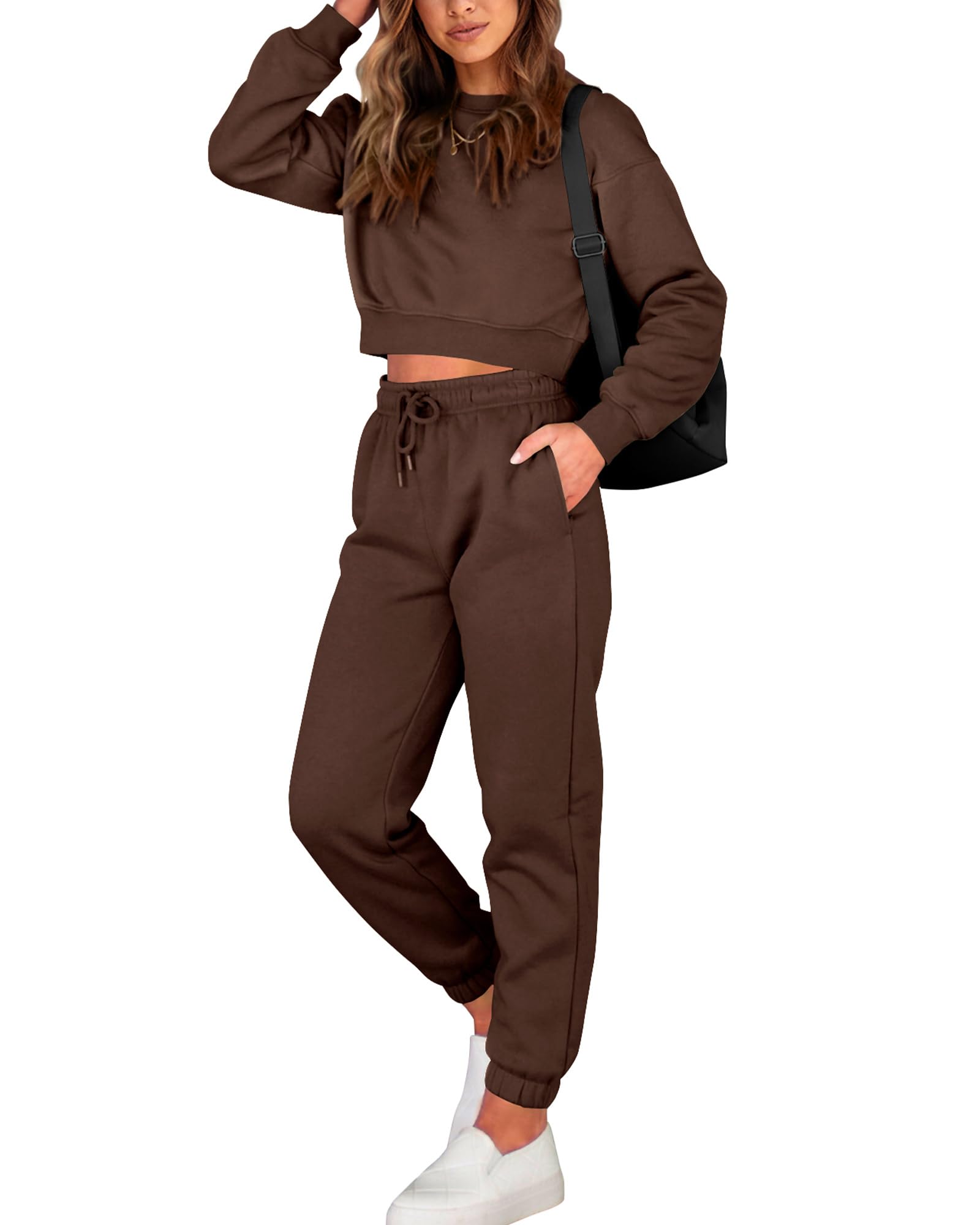FreshPretty Women 2 Piece Outfits Long Sleeve Crop Top Pullover Drawstring Pant Jogger Set Casual Sweatsuits Tracksuit Pockets