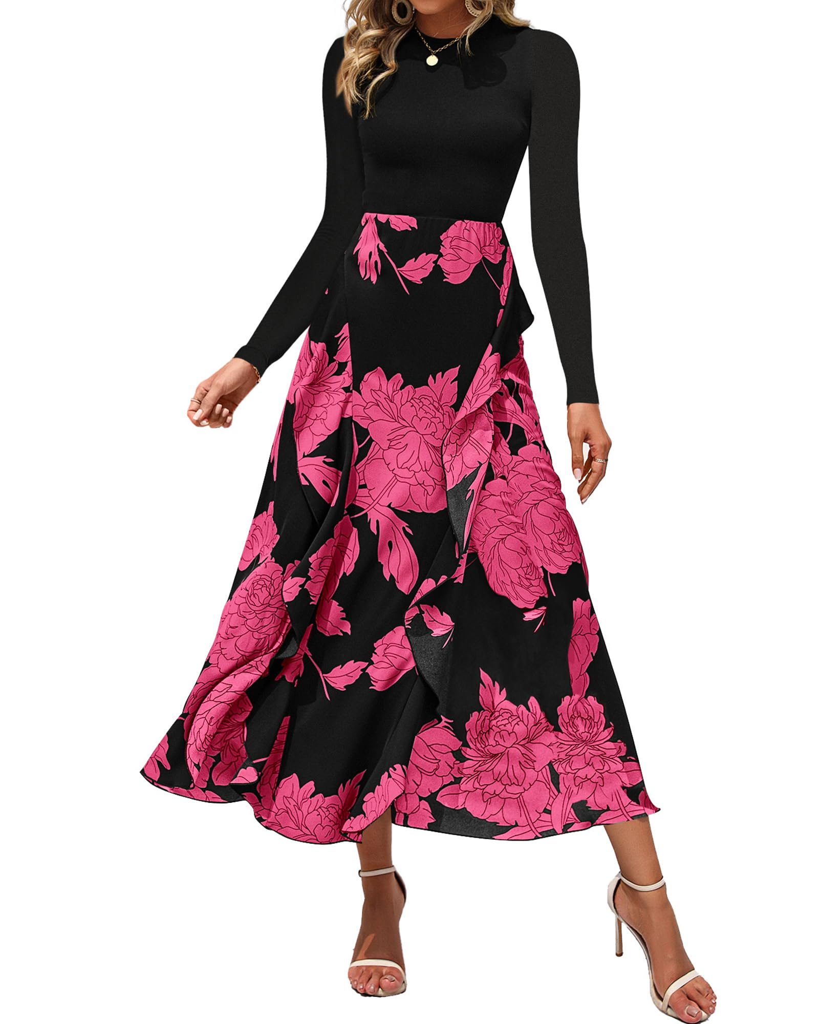 FreshPretty Womens Floral Maxi Dress Fall Casual Crewneck Long Sleeve Ruffle Flowy Cocktail Wedding Guest Dresses