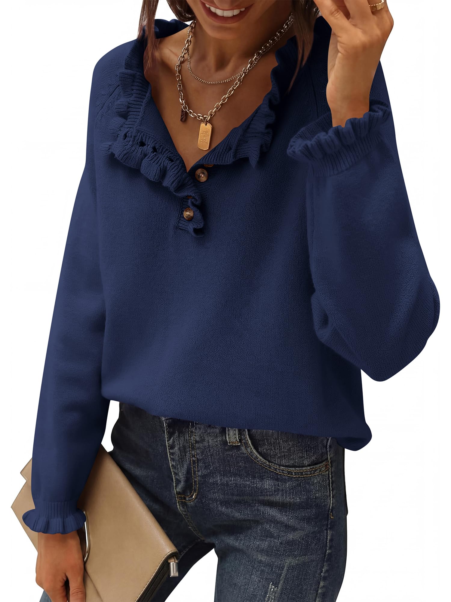 BTFBM Womens Sweaters Fall Winter Clothes Long Sleeve Button Down Ruffle Crew Neck Casual Knitted Pullover Tops