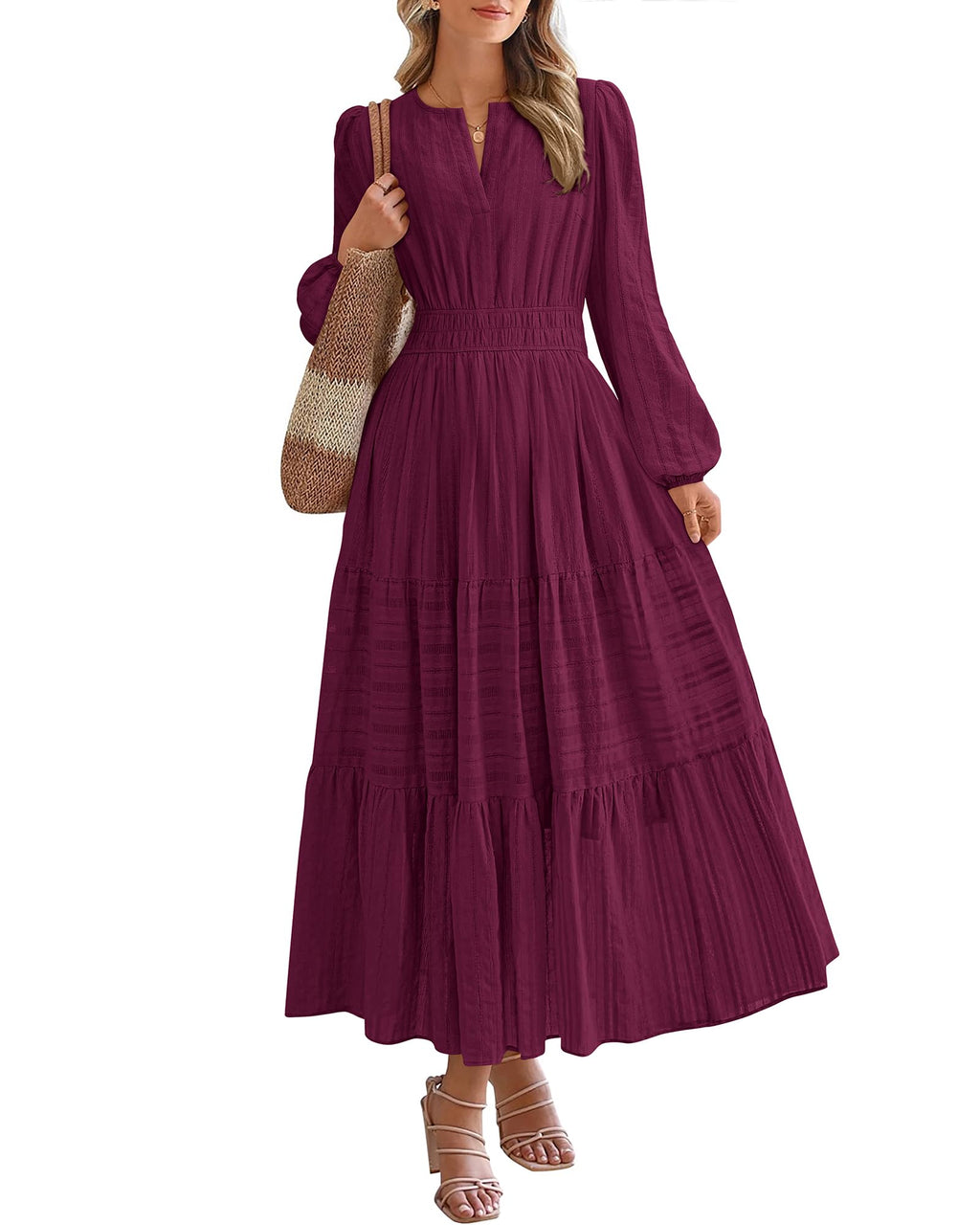 BTFBM Spring Dresses for Women 2026 Casual Long Sleeve V Neck Elastic Waist Lightweight Maxi Wedding Guest Dress Pockets