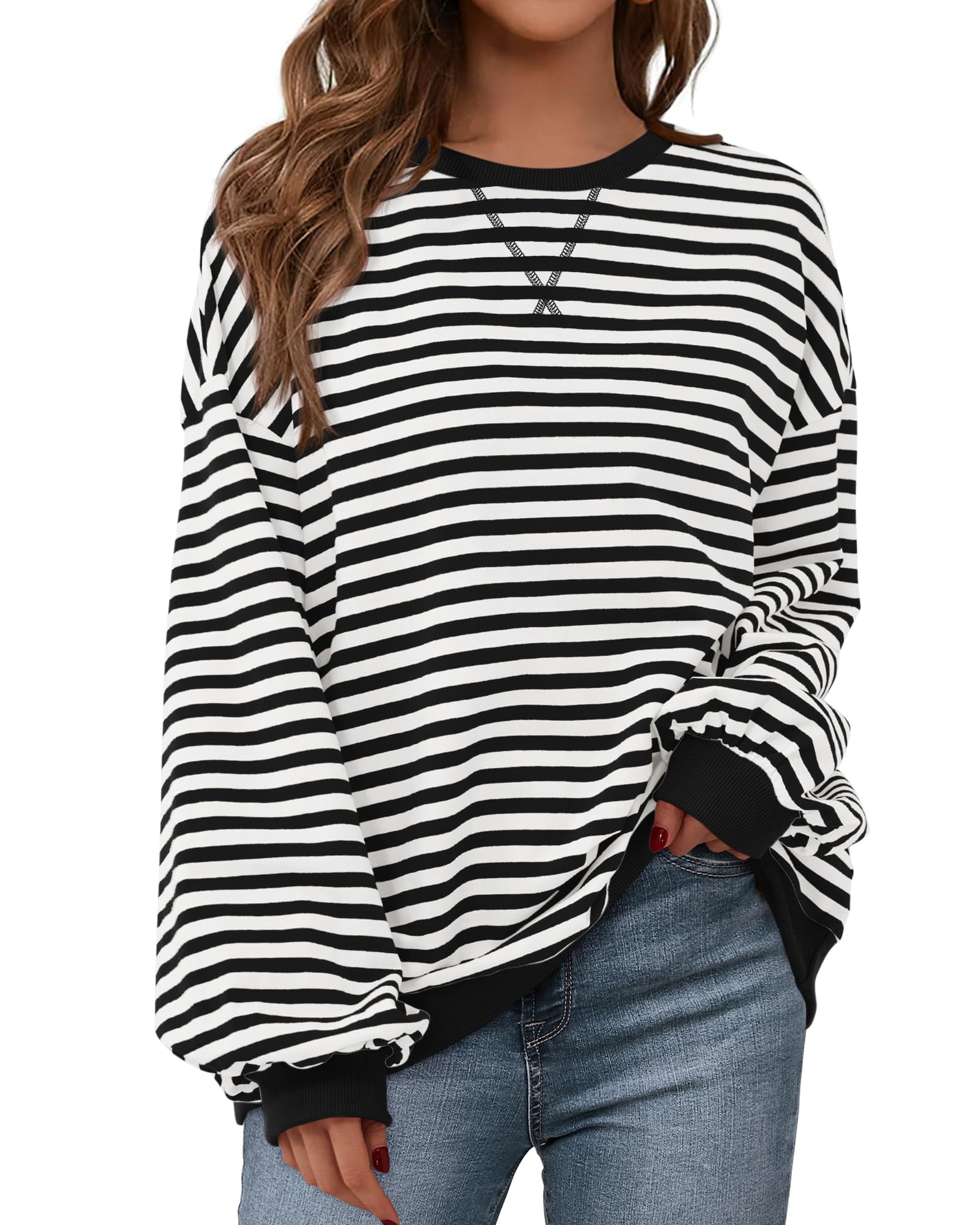 BTFBM Sweatshirt For Women Summer Crewneck Long Sleeve Oversized Striped Pullover Tops Y2K Clothes Workout Shirt