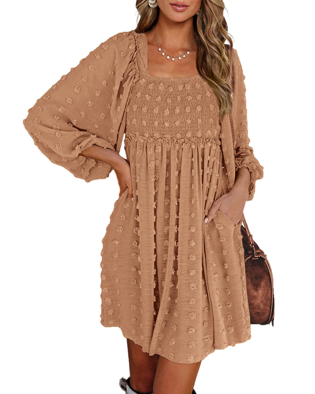 BTFBM Womens Long Sleeve Dress Summer Vacation Square Neck Smocked Floral Mini Boho Spring Wedding Guest Dresses
