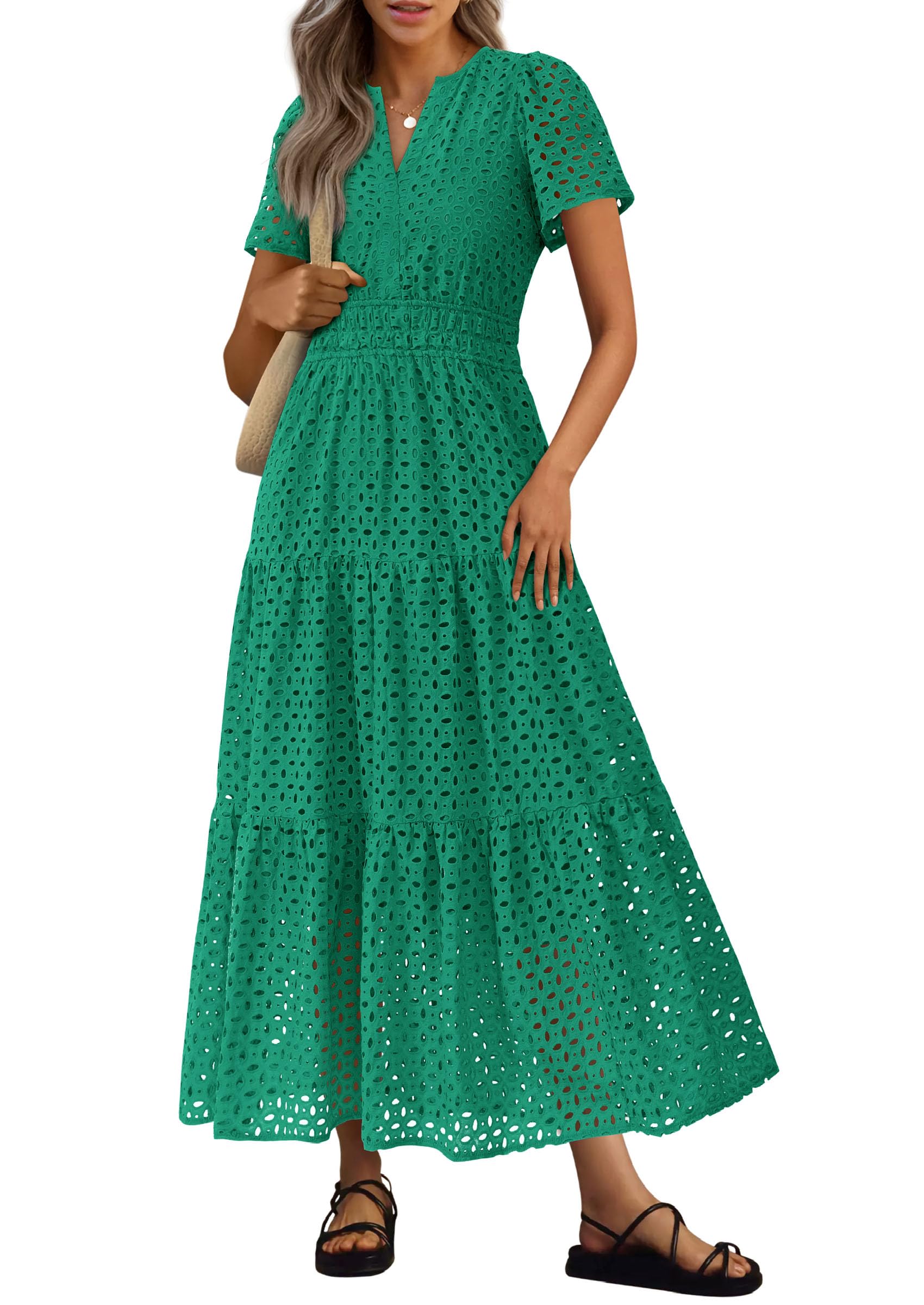 PRETTYGARDEN Womens Summer Maxi Dress Short Sleeve V Neck Hollow Out Eyelet A Line Long Flowy Beach Vacation Dresses