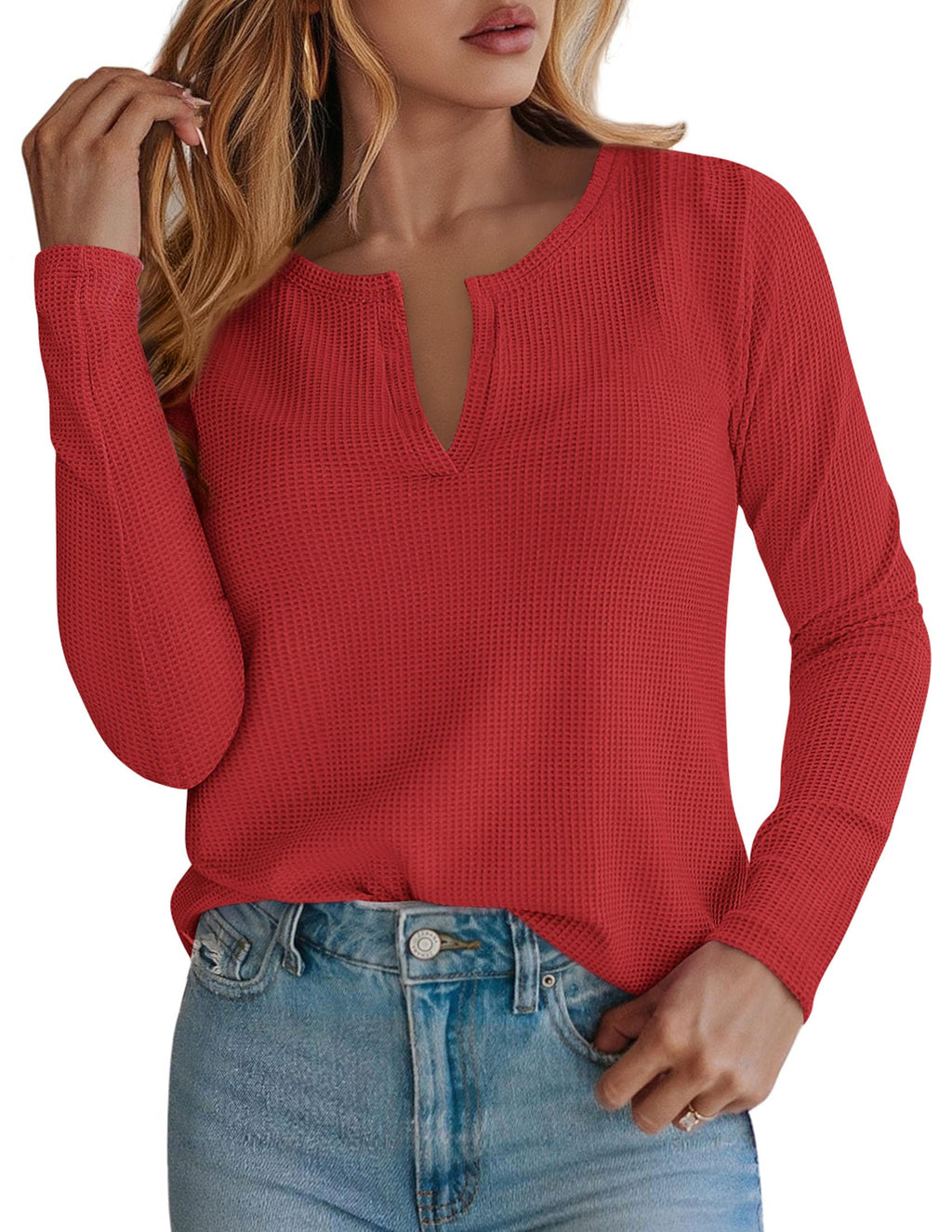 PRETTYGARDEN Long Sleeve Shirts for Women Fall V Neck Waffle Basic Tee Dressy Casual Winter Blouses Knit Tunic Tops