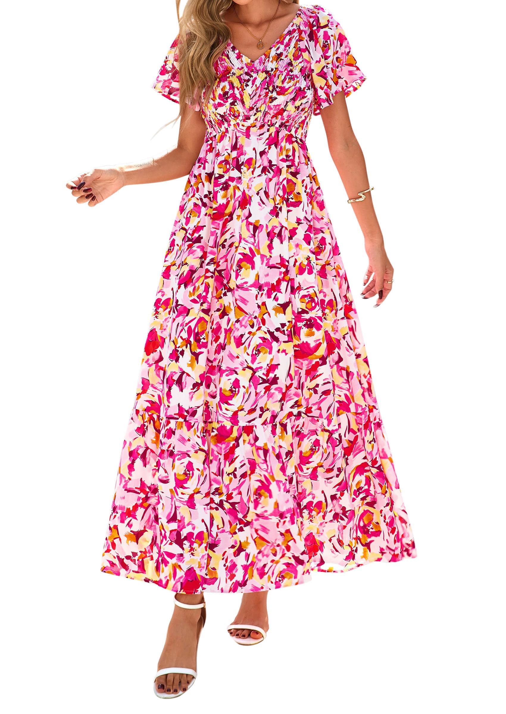 PRETTYGARDEN Boho Dresses for Women Summer Floral Short Sleeve V Neck Smocked Flowy Beach Vacation Maxi Dress