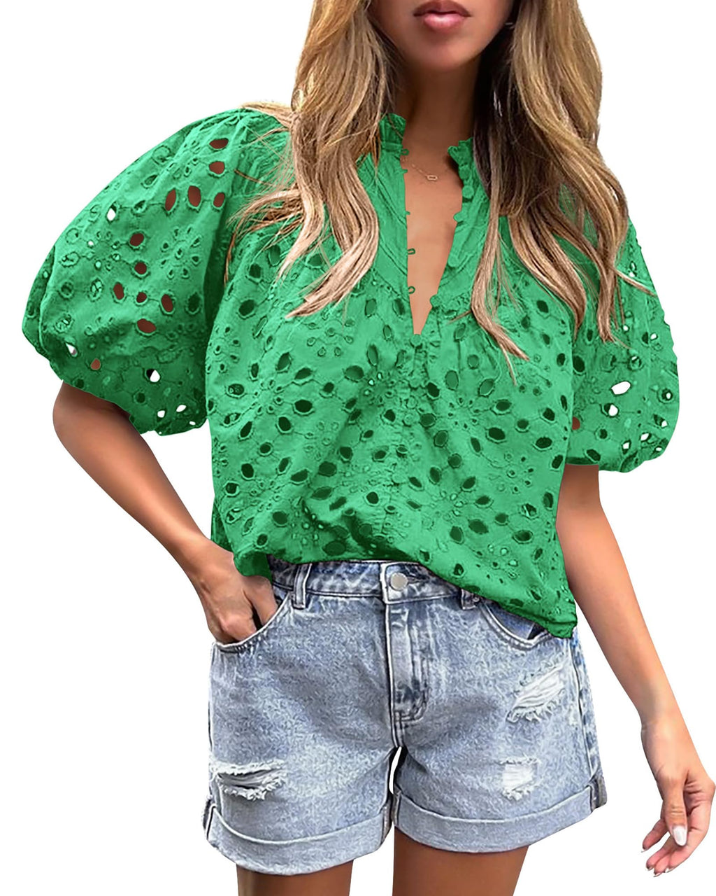 PRETTYGARDEN Women's Summer Tops Dressy Casual Short Sleeve V Neck Buttons Hollow Out Lace Embroidered Blouses Shirts