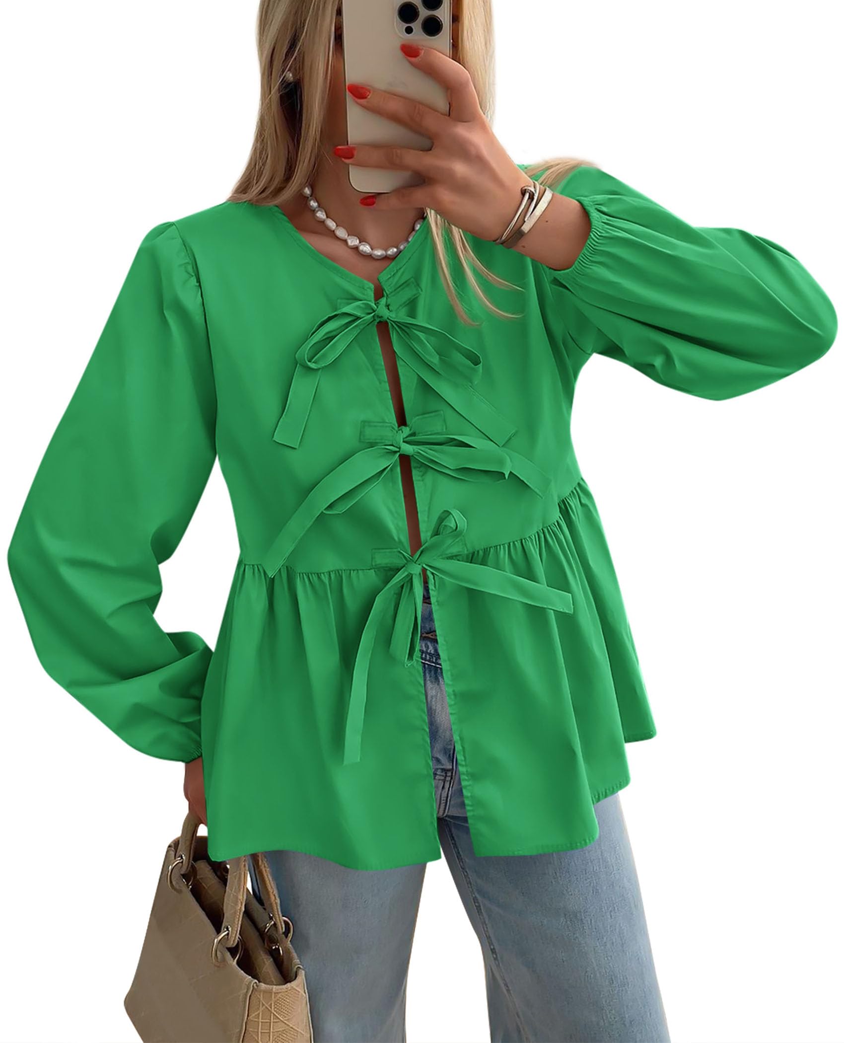 PRETTYGARDEN Women's Spring Fall Babydoll Peplum Blouse Shirt Puff Long Sleeve Bow Tie Front Trendy Cute Y2K Going Out Tops