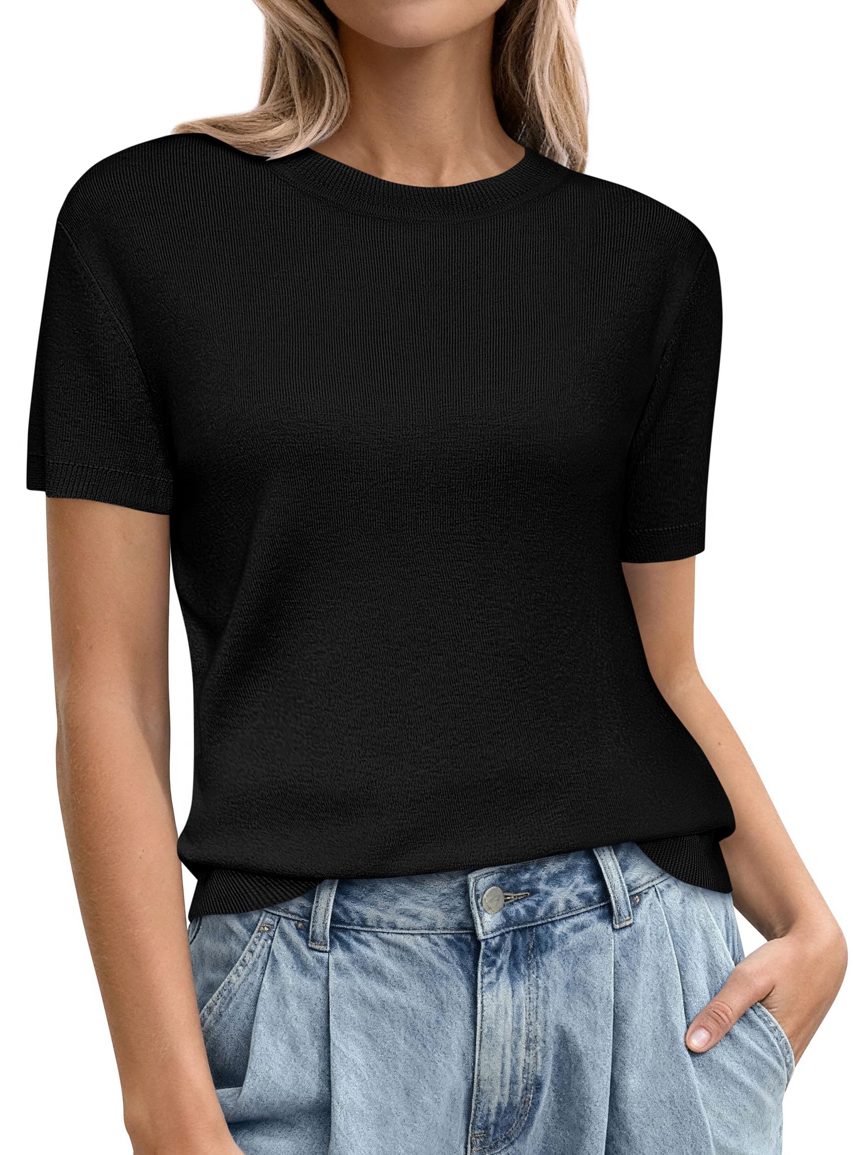 PRETTYGARDEN Women's Short Sleeve Sweaters Spring Crew Neck Knit Work Shirts Business Casual Tops Summer Fashion Clothes