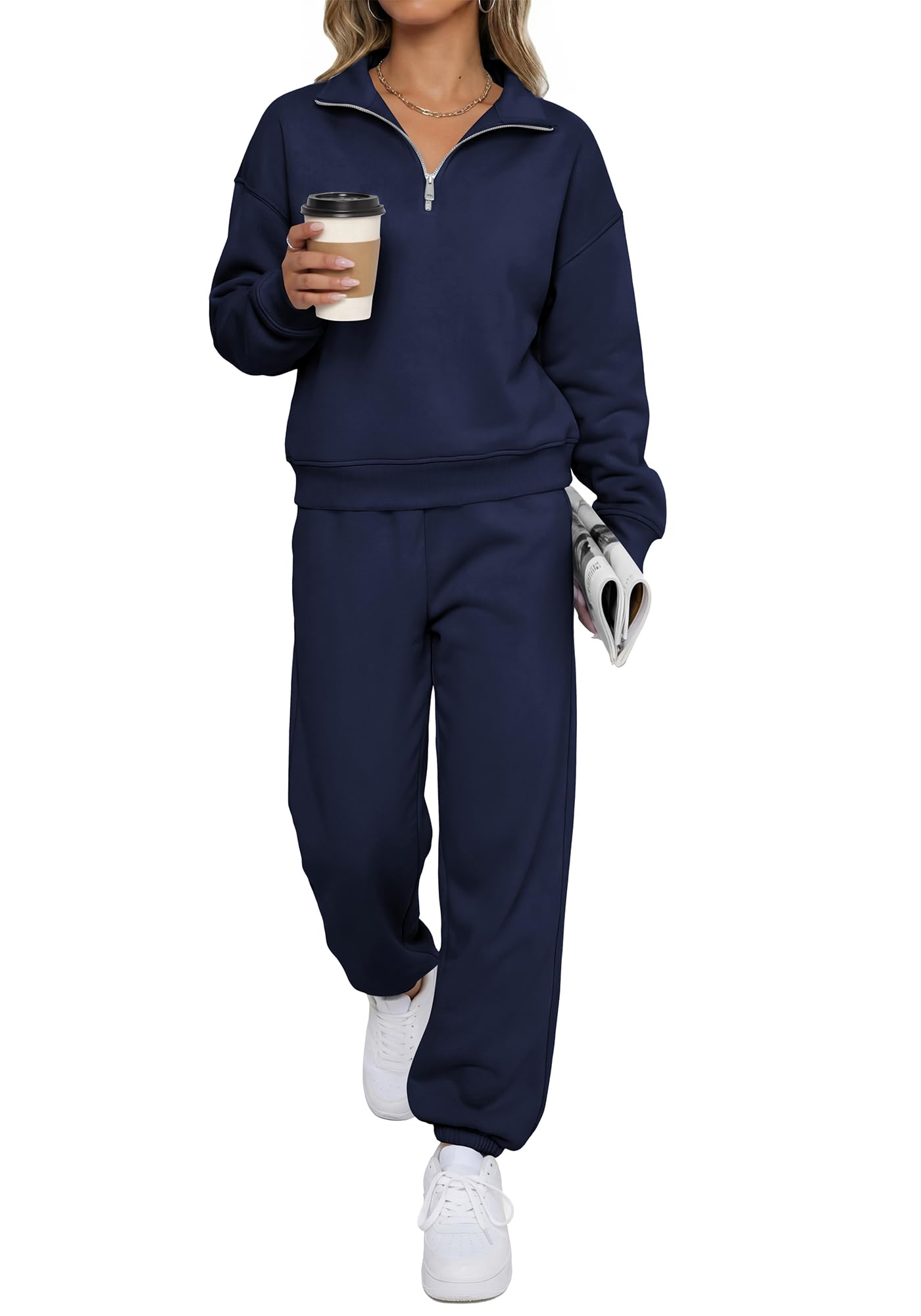 BTFBM Womens 2 Piece Outfits Sweatsuit Fleece Lounge Sets Quarter Zip Pullover Sweatshirt,Baggy Jogger Sweatpants,Fall Fashion Clothing,Airport Travel Matching Sweat Set