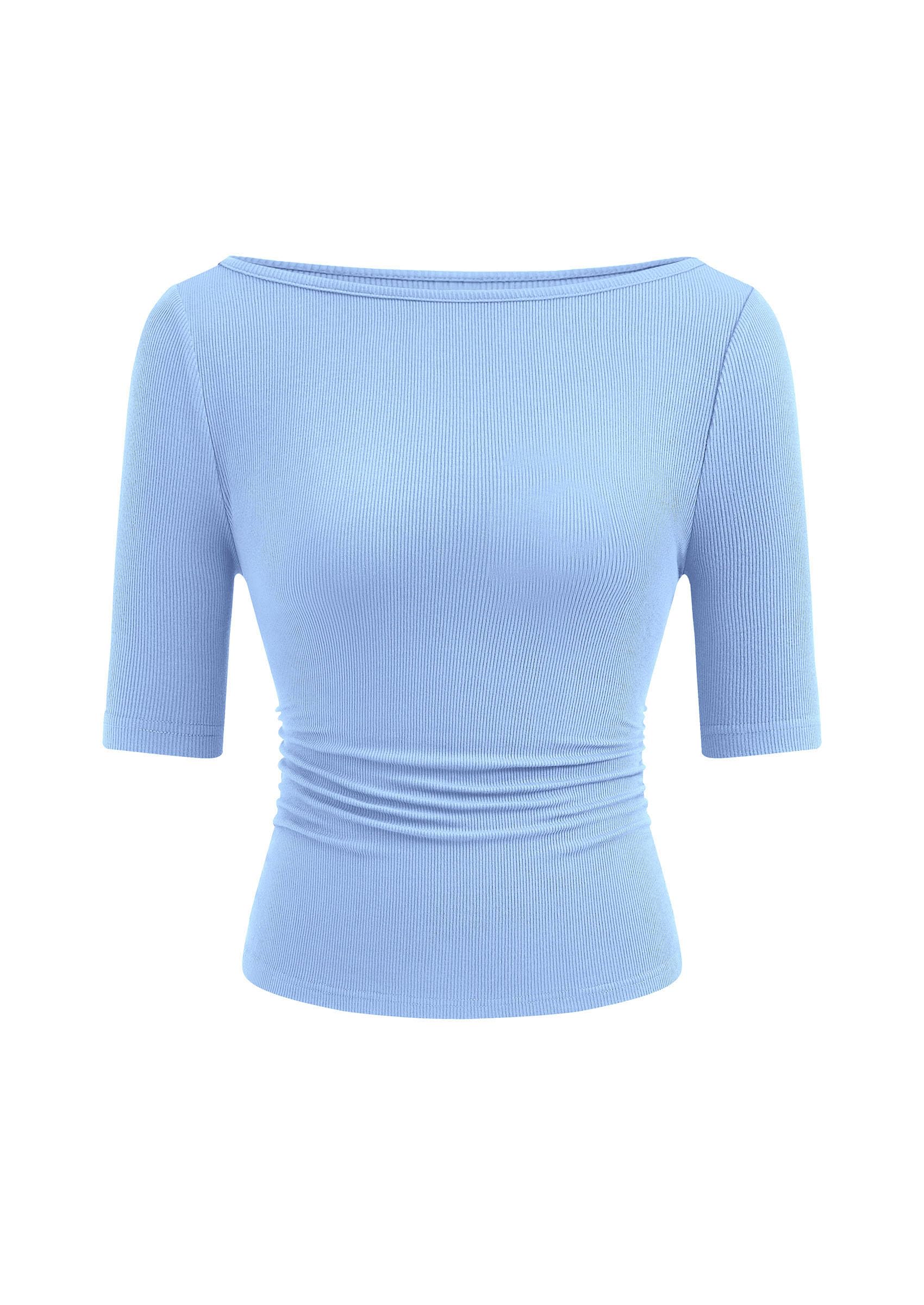 PRETTYGARDEN Womens Summer Short Sleeve Tops Boat Neck Ribbed Knit Slim Fit T Shirt Casual Basic Top Spring Clothes