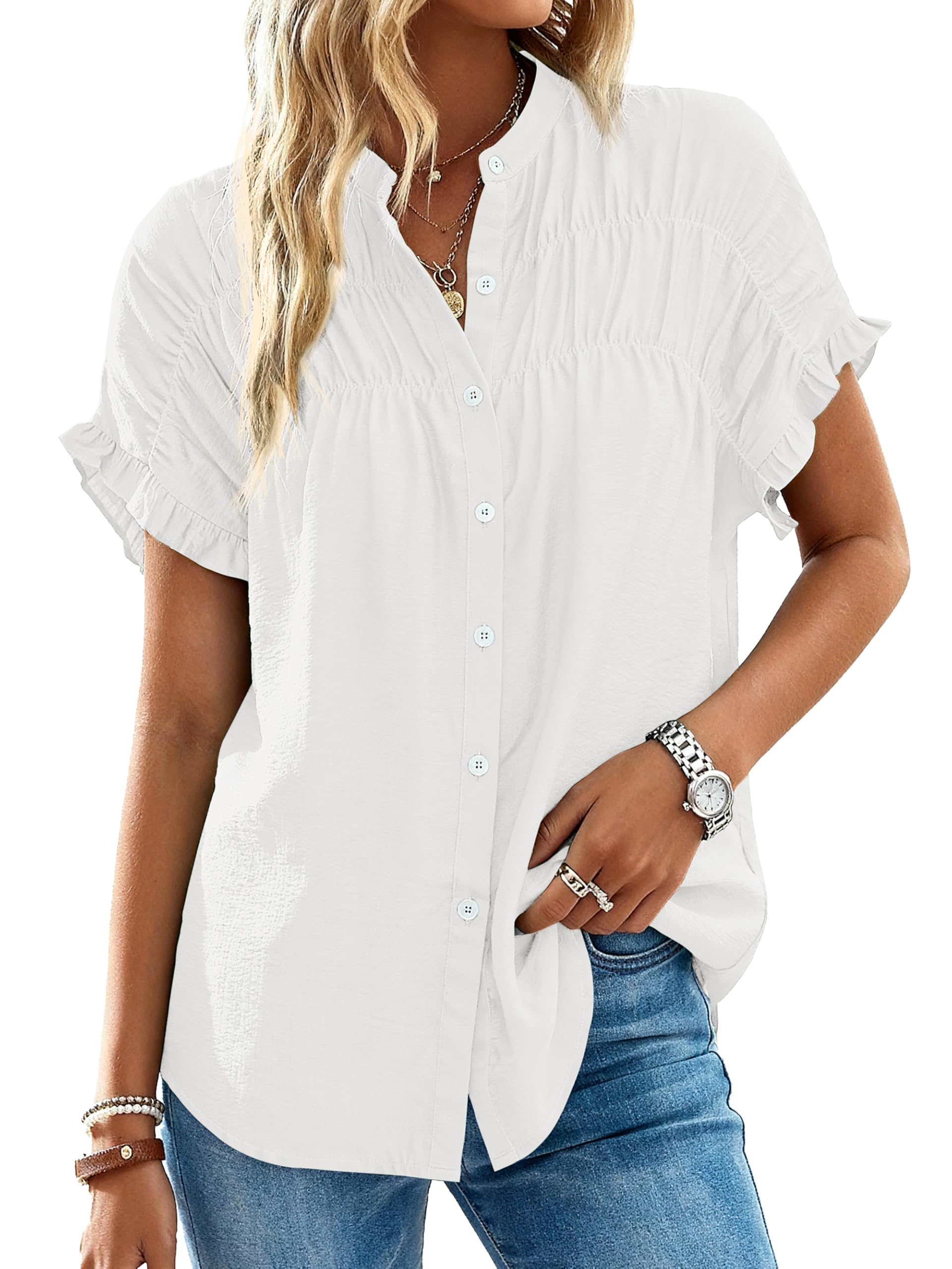 FreshPretty Womens Button Down Shirts Ruffle Short Sleeve Loose Summer Tops Dressy Casual V Neck Business Work Blouses