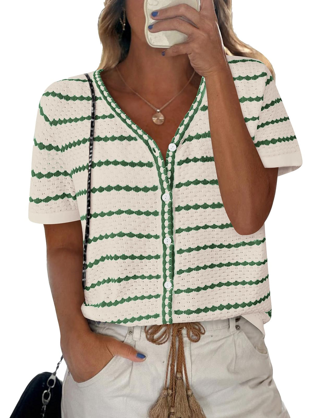 FreshPretty Women's Short Sleeve Sweater Spring Summer Crochet Knit Tops V Neck Striped Button Down Dressy Casual Blouses
