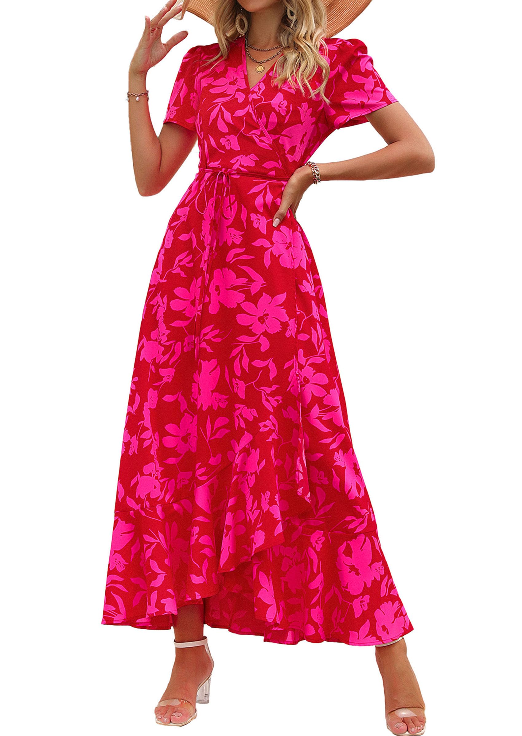 PRETTYGARDEN Women's Summer Maxi Dress Casual Wrap Floral Boho Short Sleeve V Neck Split Ruffle Beach Long Dresses