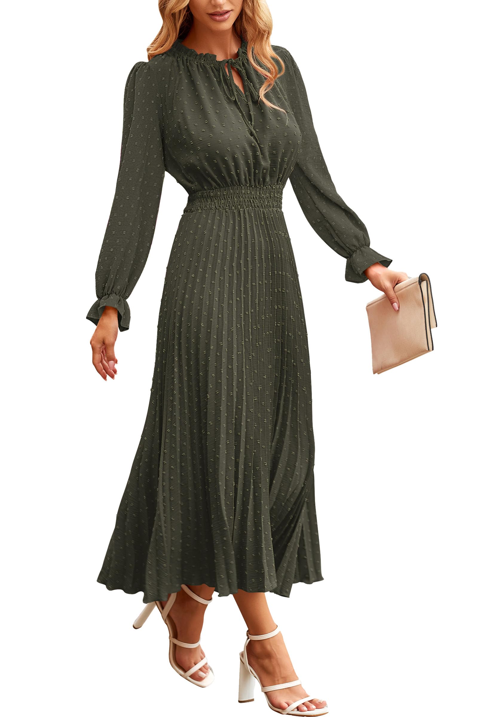 PRETTYGARDEN Women's Spring Fall Midi Dress Casual Long Sleeve V Neck Swiss Dot Pleated A Line Flowy Dresses