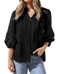 BTFBM 3/4 Length Sleeve Womens Tops Summer Blouses Eyelet Hollow Out Button Down Shirts Business Casual Outfits