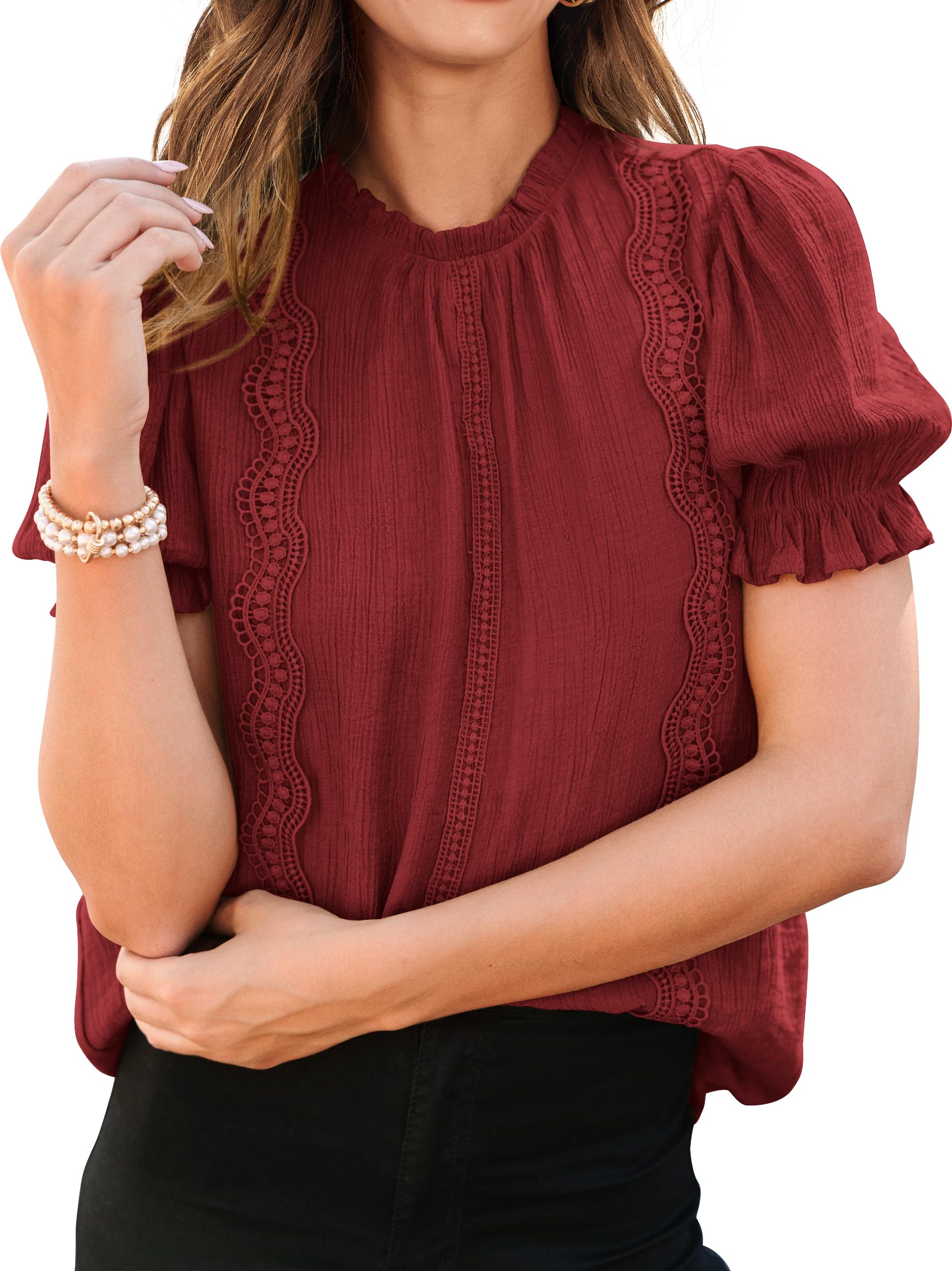 PRETTYGARDEN Womens Summer Tops Trendy Mock Neck Puff Sleeve Blouse Dressy Casual Business Western Shirts Spring Clothes