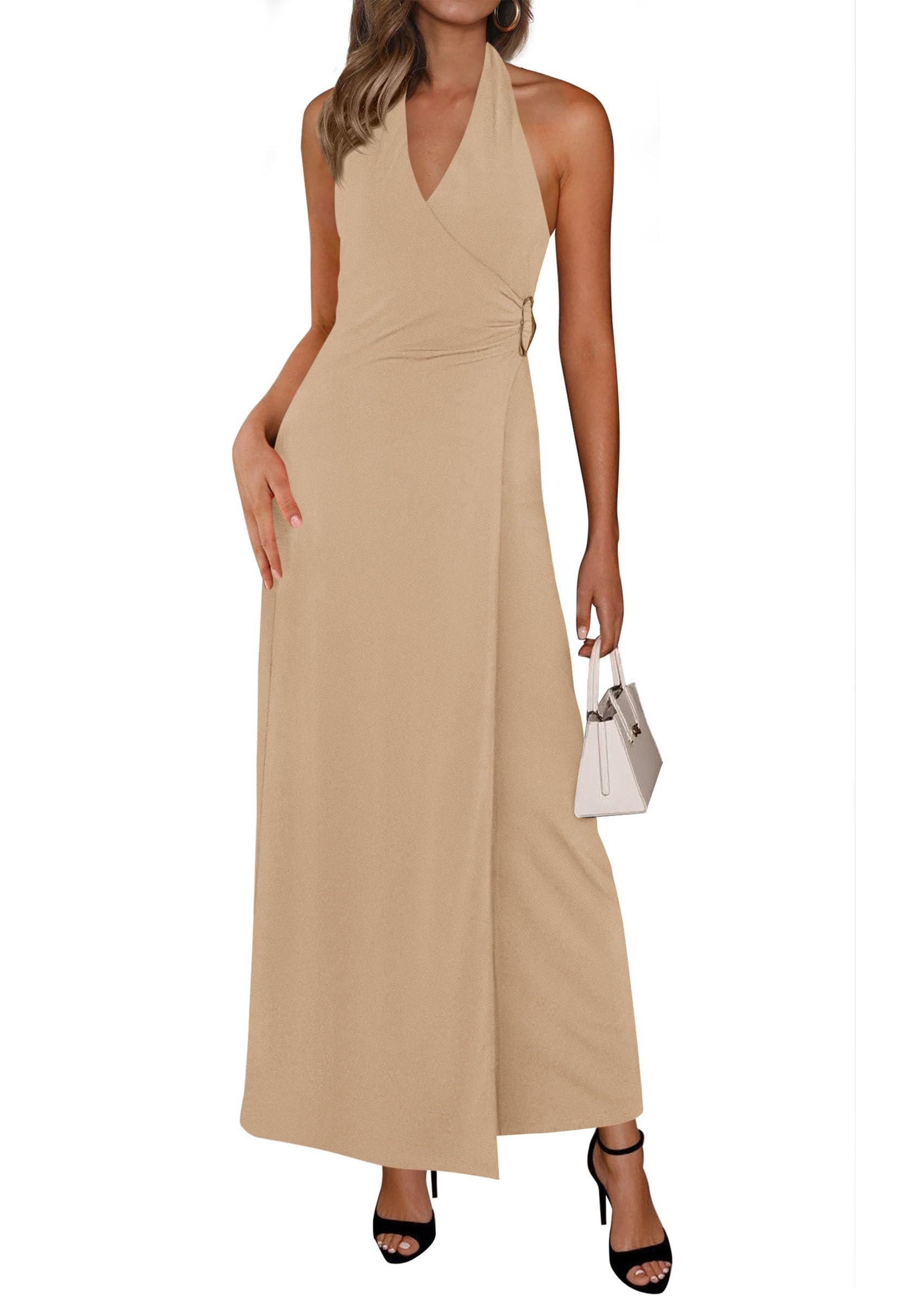PRETTYGARDEN Holiday Cocktail Dresses for Women Summer Elegant V Neck Halter Backless Wedding Guest Party Midi Dress