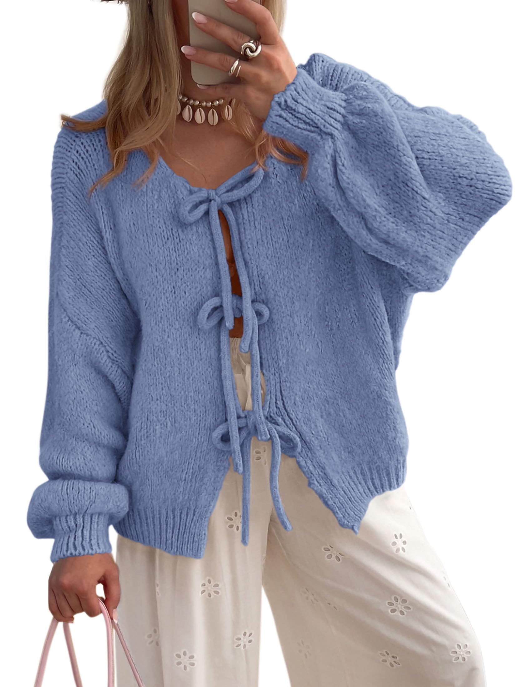 PRETTYGARDEN Women's Tie Front Bow Cardigan Sweaters Chunky Knit Long Puff Sleeve Trendy Fall Winter Jacket Coat