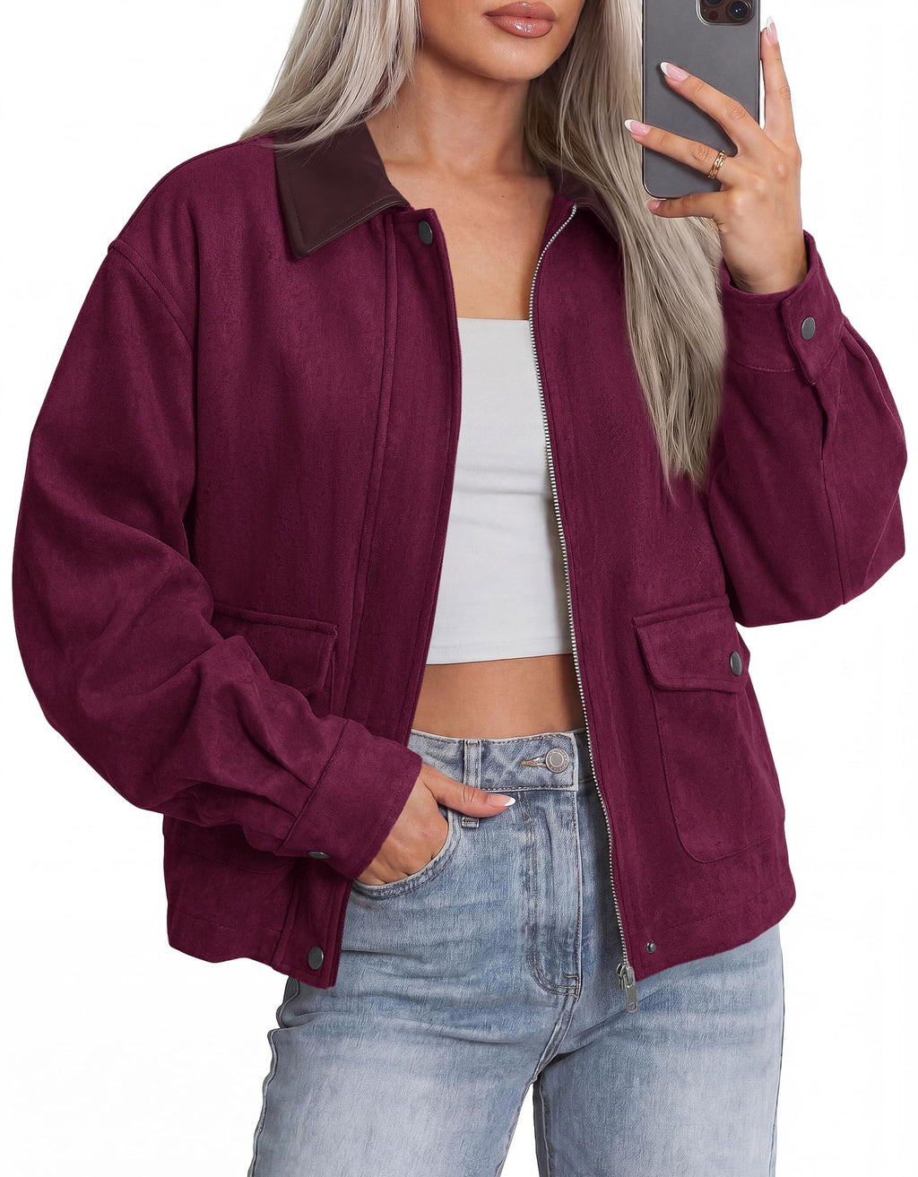 BTFBM Faux Suede Jacket Women Leather Lapel Zip Up Fall Outfits Button Down Long Sleeve Outerwear With Flap Pockets, Early Winter Coats, Motorcycle Jackets, Western Country Concert Outfits