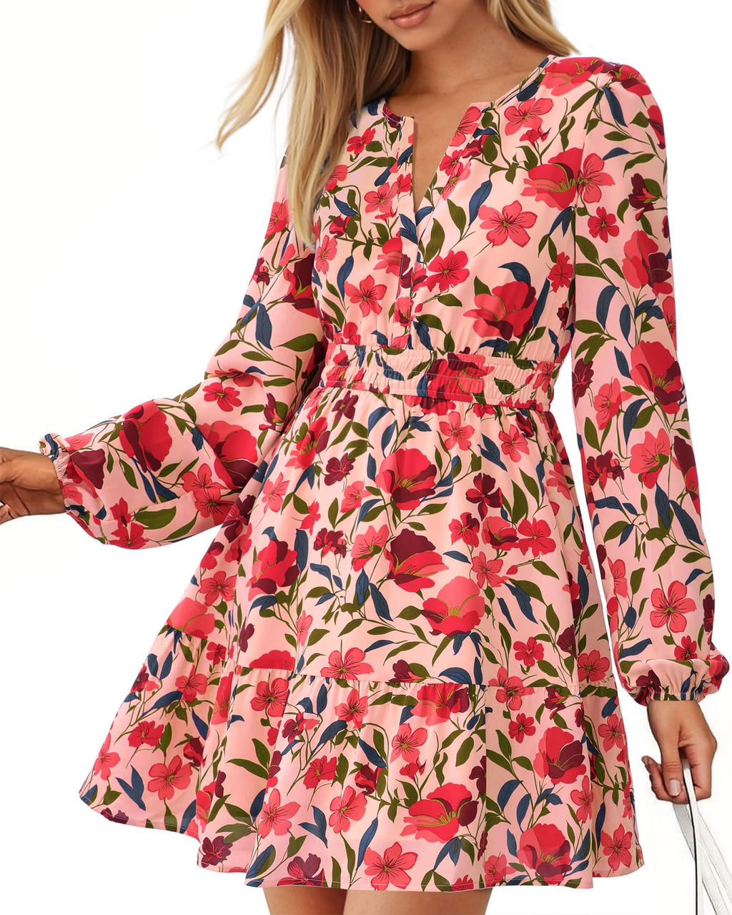 BTFBM Spring Dresses for Women Mini Long Sleeve Elastic Waist Summer Vacation Outfits Floral Wedding Guest Dress