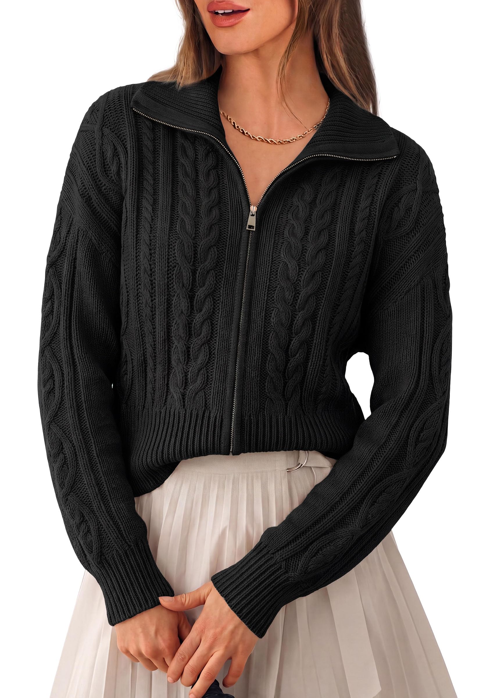 PRETTYGARDEN Women's Cable Knit Cropped Cardigan Sweaters Oversized Sweater, Long Sleeve Zip Up Jacket, Collared Neck, Ribbed Hem, Cozy Soft Casual Wear, Fall Clothes Winter Outerwear