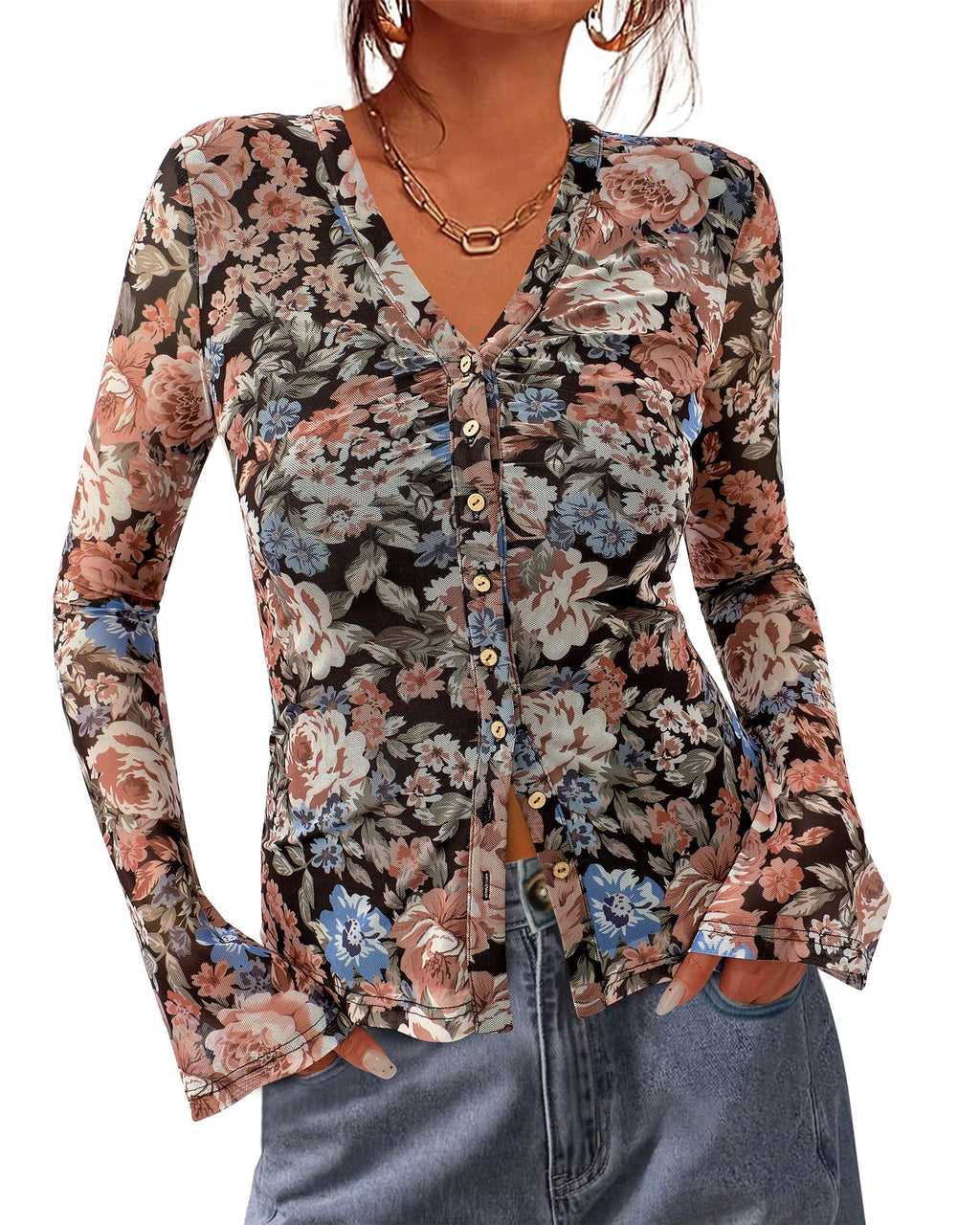 BTFBM Button Down Shirts for Women Spring Boho Tops V Neck Long Sleeve Blouses Ruched Mesh Fitted Fall Fashion