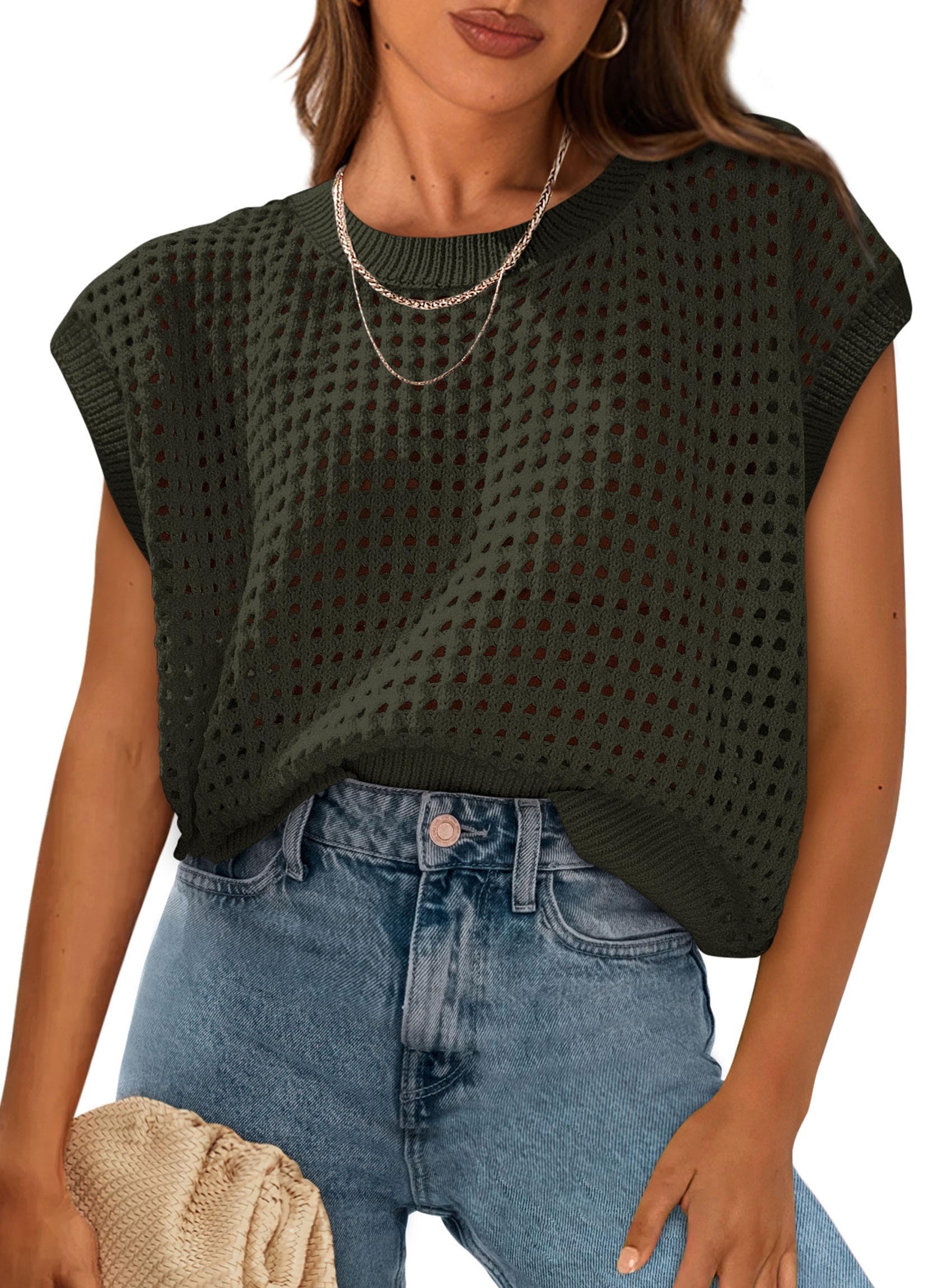 PRETTYGARDEN Womens Spring Tops Summer Shirts Crochet Cap Sleeve Sweater Pullover Cute Beach Vacation Clothes