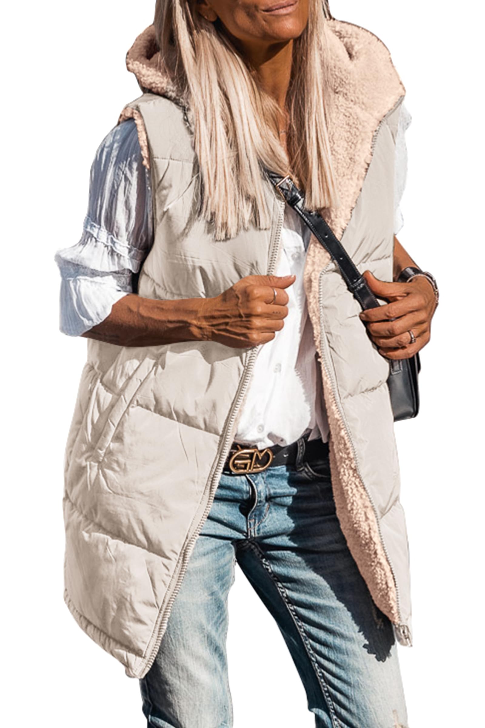 PRETTYGARDEN Womens Fall Reversible Long Vests Sleeveless Fleece Jacket Zip Up Hoodie Pockets Warm Coat Winter Clothing