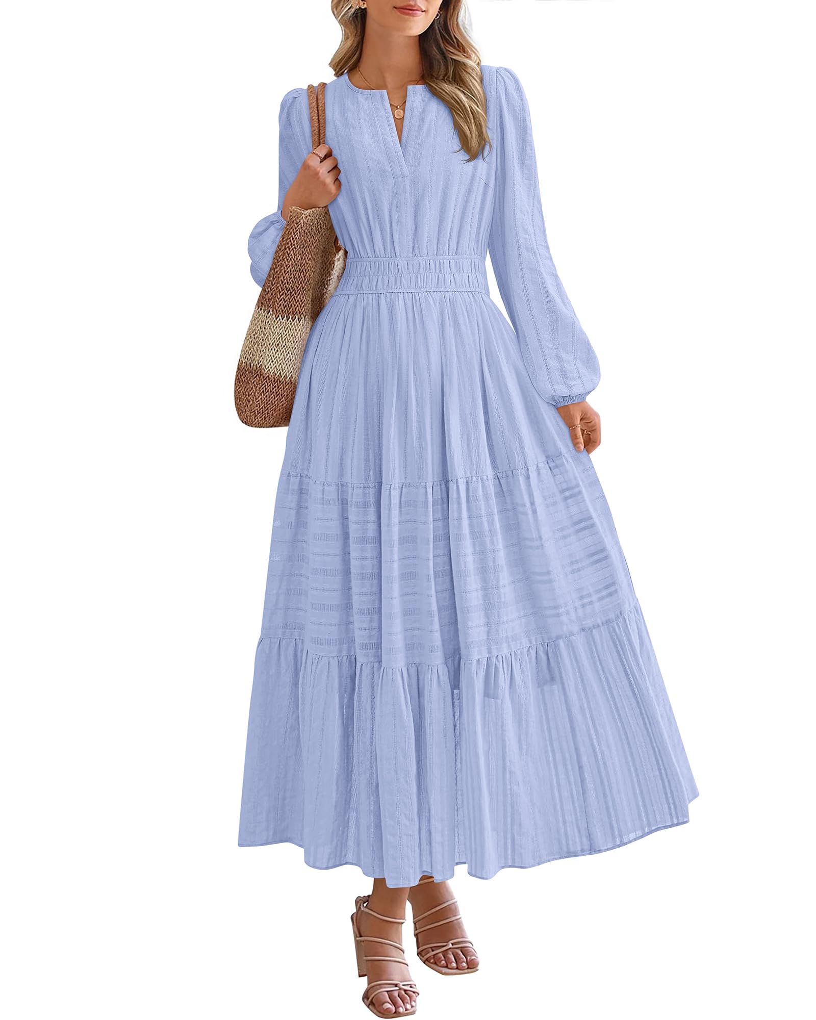 FreshPretty Fall Dresses for Women Casual Long Sleeve V Neck Elastic Waist Lightweight Maxi Wedding Guest Dress Pockets