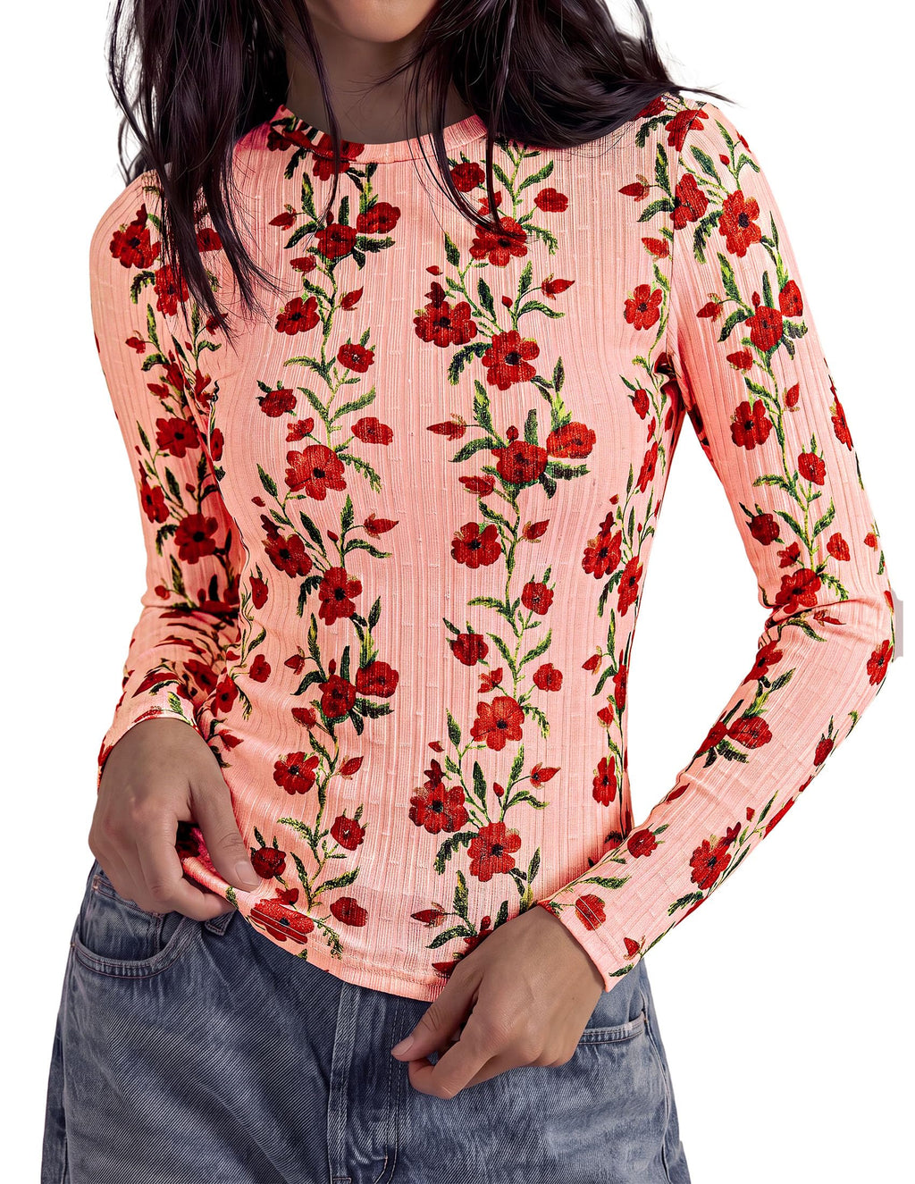 PRETTYGARDEN Womens Long Sleeve Shirts Floral Y2K Tops Soft Lightweight Ribbed Knit Top,Fitted Waist,Crew Neck Slim Fit,Going Out Vacation Outfits,Layering Fall Winter Clothes