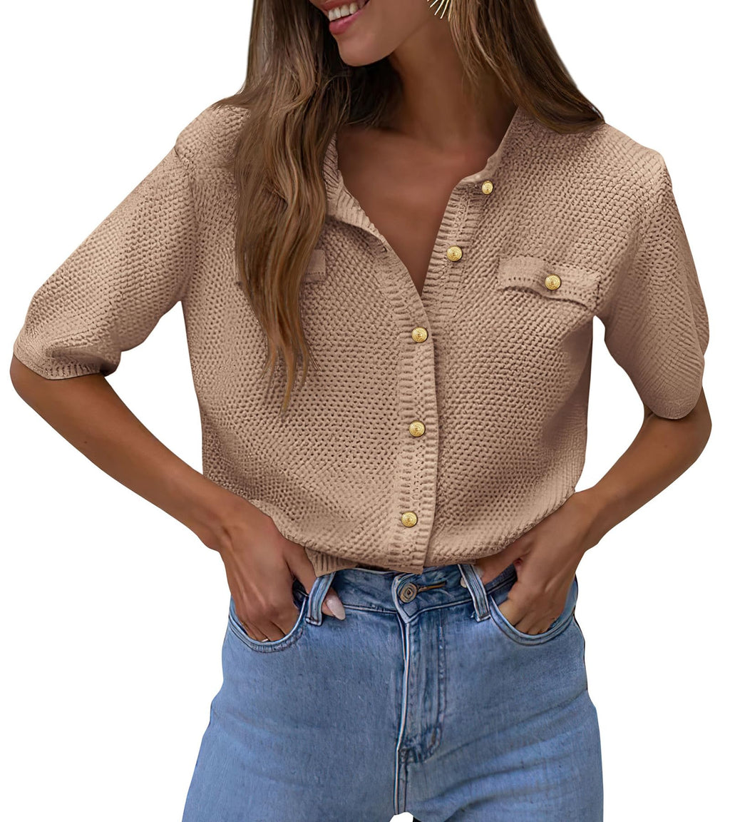 PRETTYGARDEN Women's Summer Button Down Shirts Casual Short Sleeve Crew Neck Ribbed Knit Blouse Top Cardigans