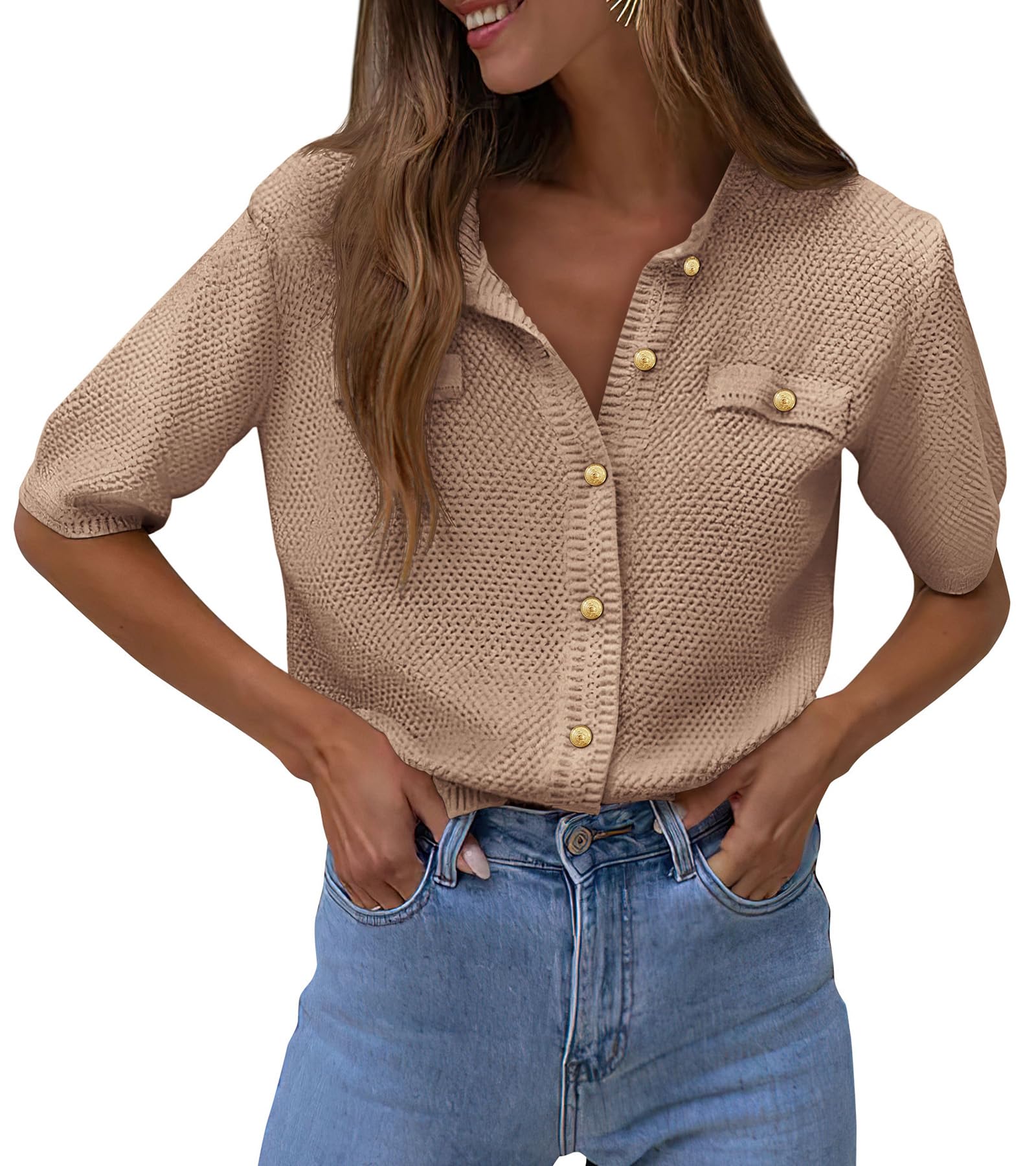PRETTYGARDEN Women's Summer Button Down Shirts Casual Short Sleeve Crew Neck Ribbed Knit Blouse Top Cardigans