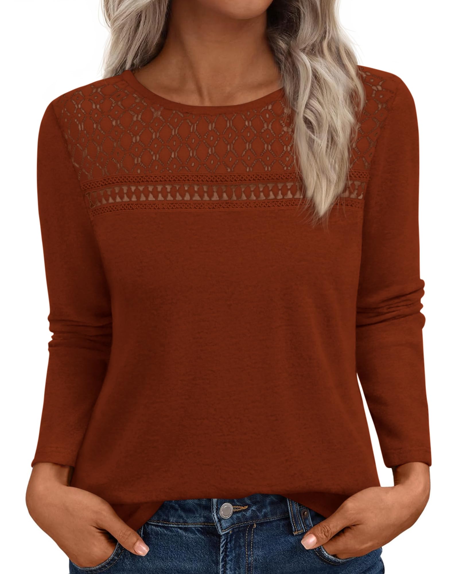 FreshPretty Lace Long Sleeve Shirts Womens Tops Dressy Casual Knit Boho Lightweight Blouses Winter Clothing Fall Fashion