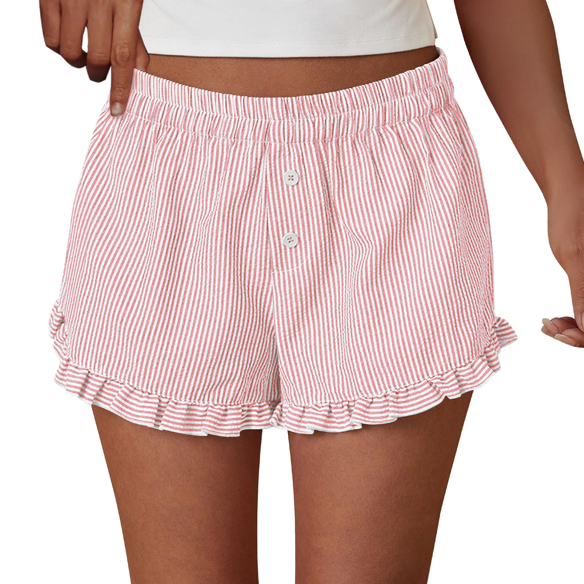 PRETTYGARDEN Womens Boxer Shorts Y2K Ruffle Pajama Summer Spring Lounge Sleep Striped Casual Beach Pj Bottoms Pockets