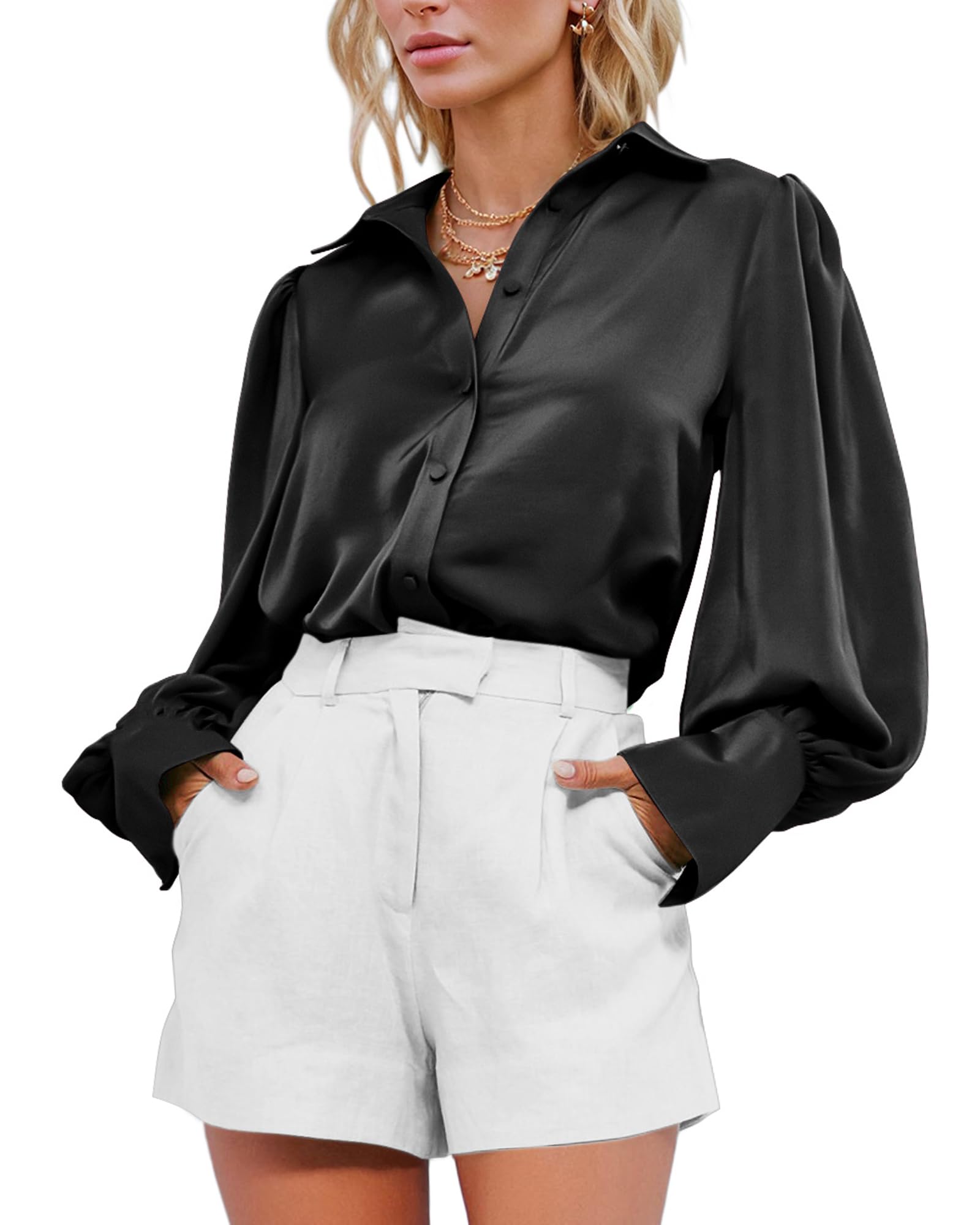 BTFBM Women Satin Blouses Summer Fall Clothes Button Down Lantern Long Sleeve Shirts Work Business Casual Dressy Tops