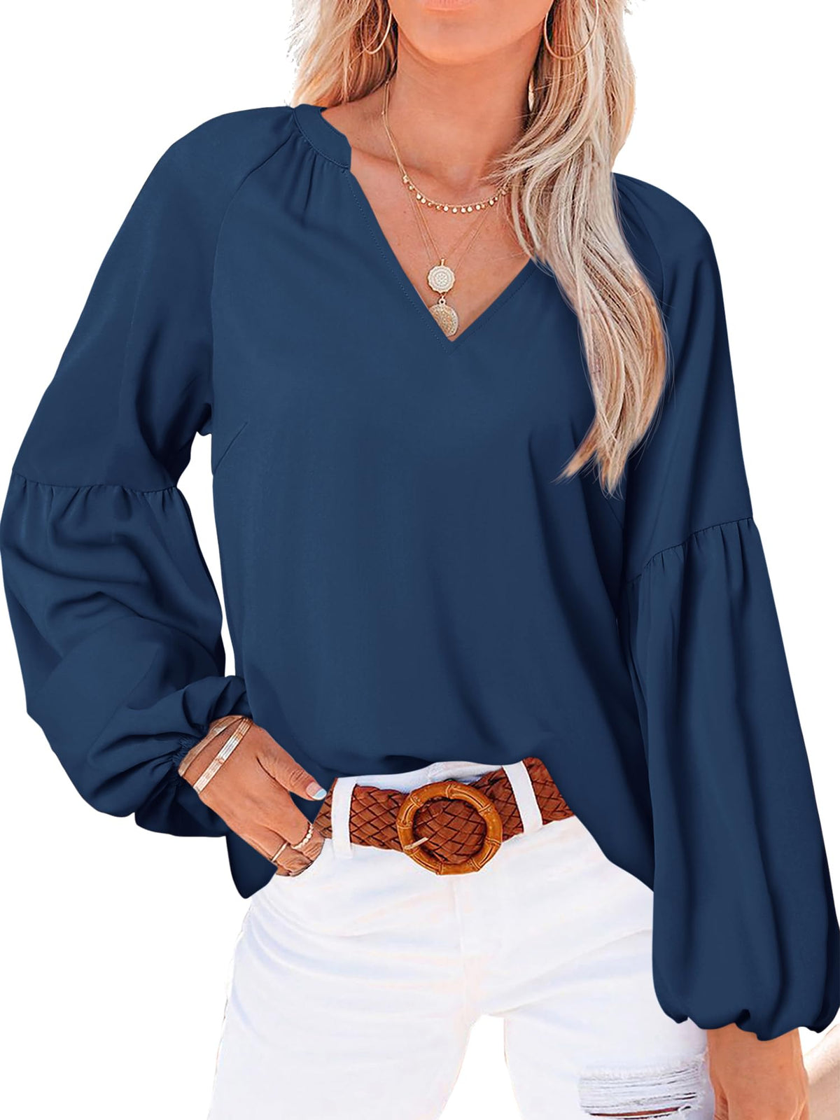 BTFBM Blouses for Women Dressy Casual Boho Tops V Neck Lightweight Long Sleeve Shirts Spring Clothes