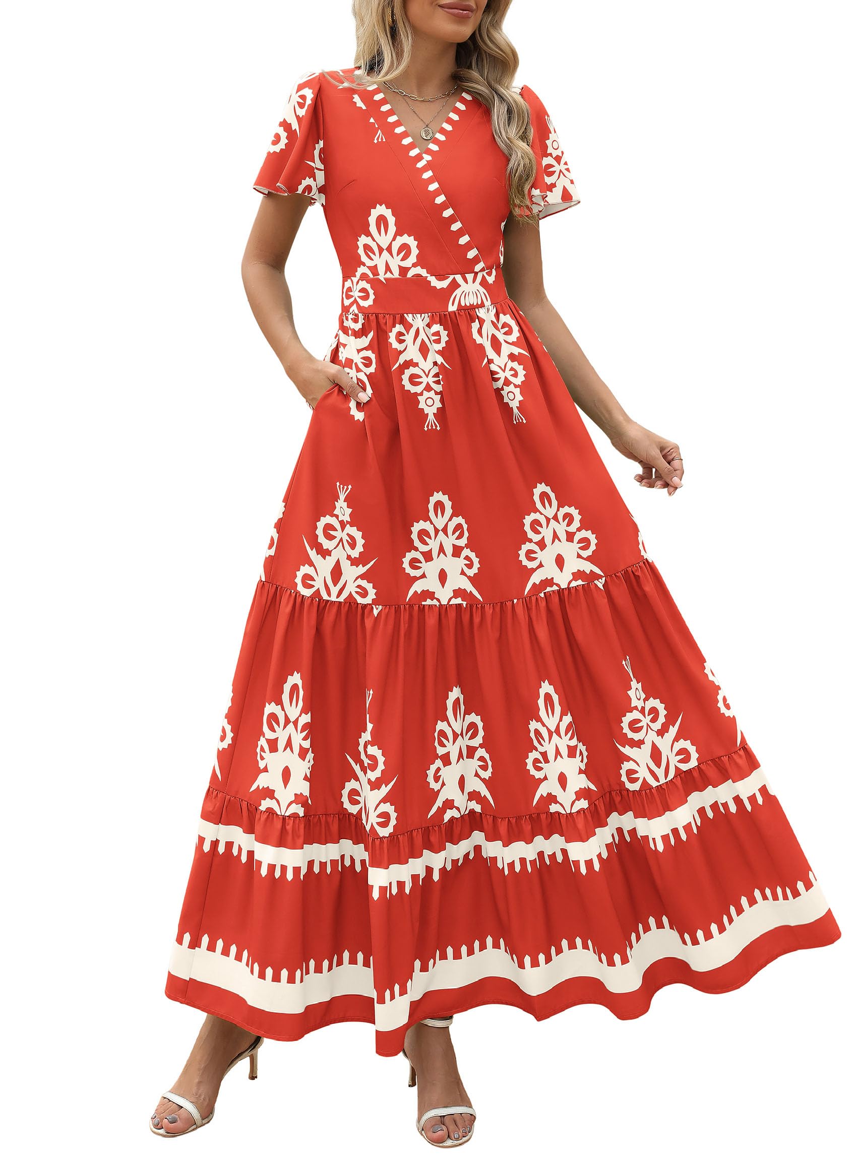 PRETTYGARDEN Womens Summer Casual V Neck Boho Maxi Dress Flowy Aline Bell Sleeve Tiered Floral Dresses with Pocket