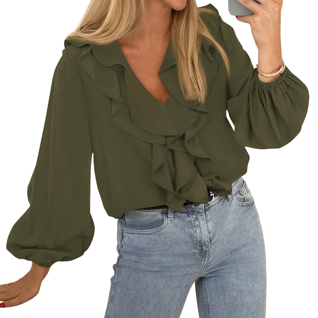 BTFBM Womens Fall Tops Ruffle Blouses Dressy Casual | Double Ruffled Collar V Neck Long Sleeve Shirts, Lightweight Fashion Clothing Trendy, Daily Business Office Work Clothes