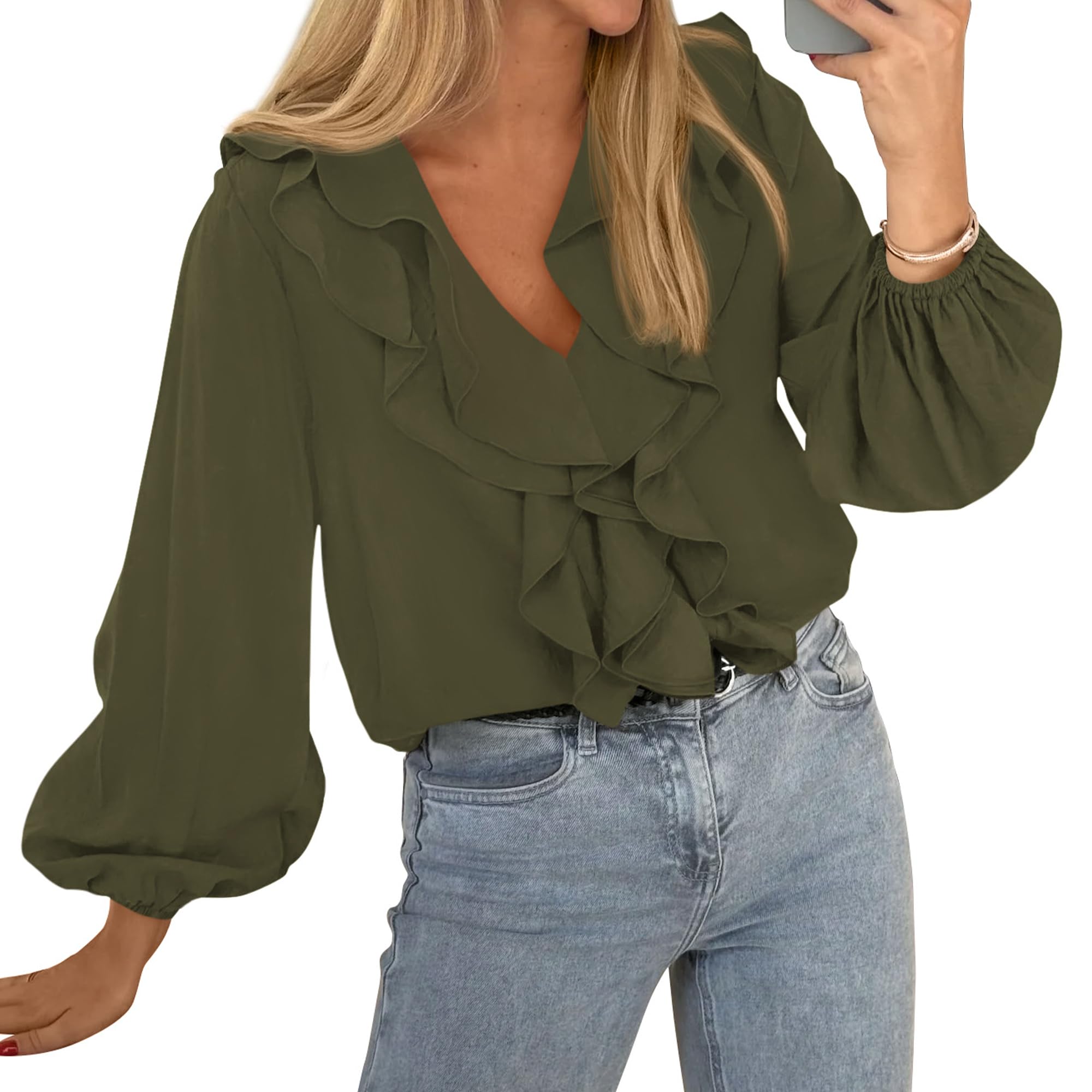 BTFBM Womens Fall Tops Ruffle Blouses Dressy Casual | Double Ruffled Collar V Neck Long Sleeve Shirts, Lightweight Fashion Clothing Trendy, Daily Business Office Work Clothes