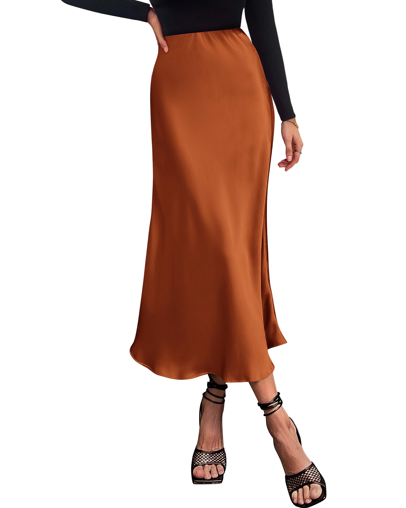 BTFBM Summer Womens Skirts Silk Elegant High Waist Flowy Long Satin A-Line Midi Skirt Cocktail Wedding Party
