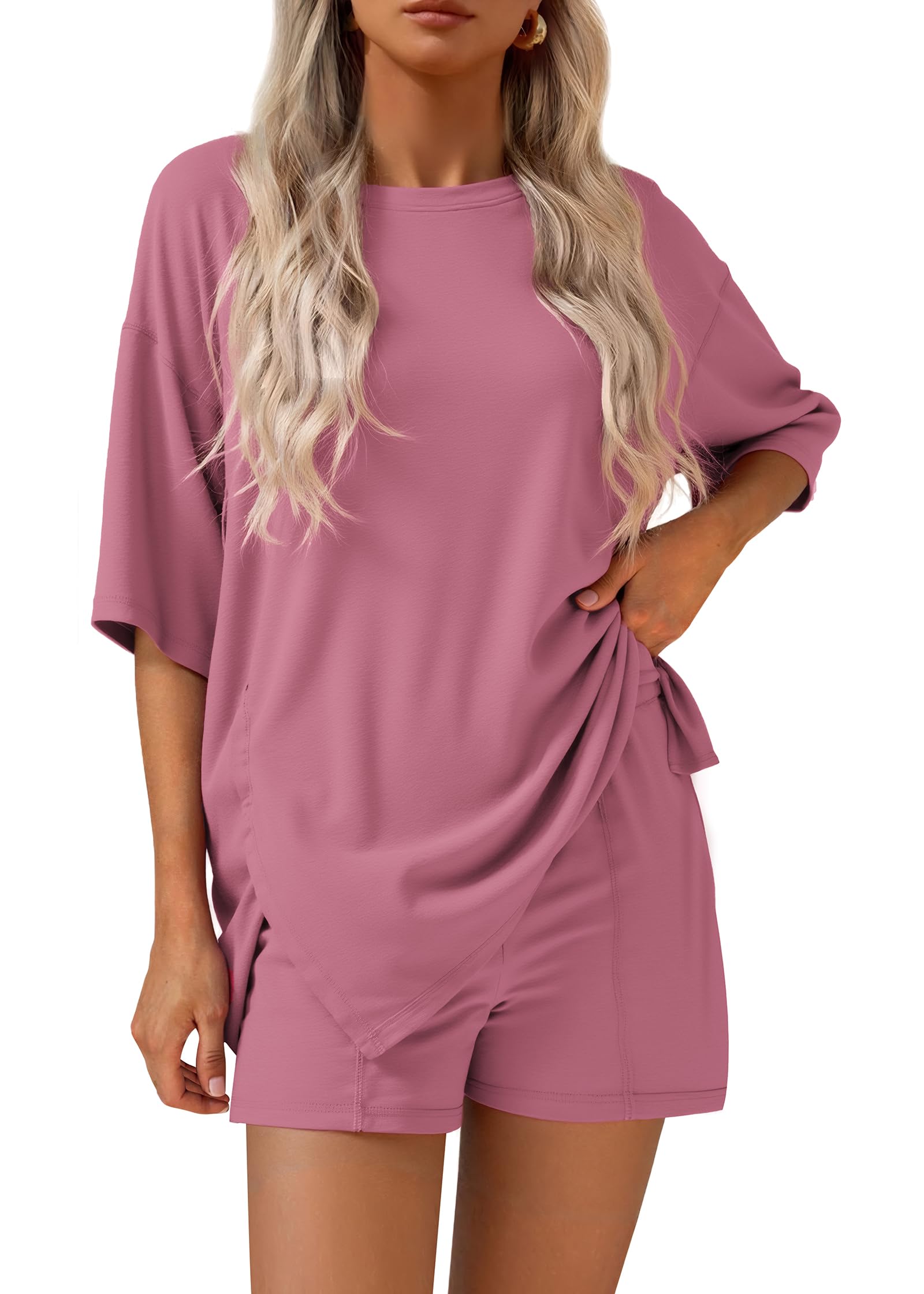 FreshPretty 2 Piece Sets for Women Summer Lounge Sets Casual Oversized Tshirts Shorts Matching Airport Travel Outfits Postpartum