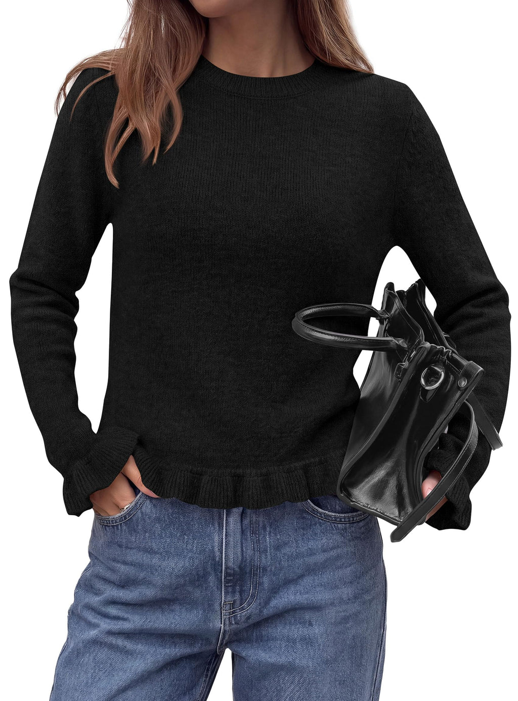 PRETTYGARDEN Women's Ruffle Sweaters Fall Fashion Cozy Knit Pullover Soft Stretchy, Crewneck Long Sleeve, Cute Peplum Tops, Dressy Casual Blouses, Going Out Holiday, Trendy Winter Outfits