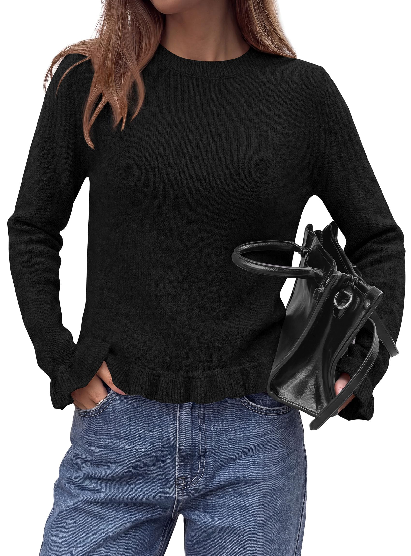 PRETTYGARDEN Women's Ruffle Sweaters Fall Fashion Cozy Knit Pullover Soft Stretchy, Crewneck Long Sleeve, Cute Peplum Tops, Dressy Casual Blouses, Going Out Holiday, Trendy Winter Outfits